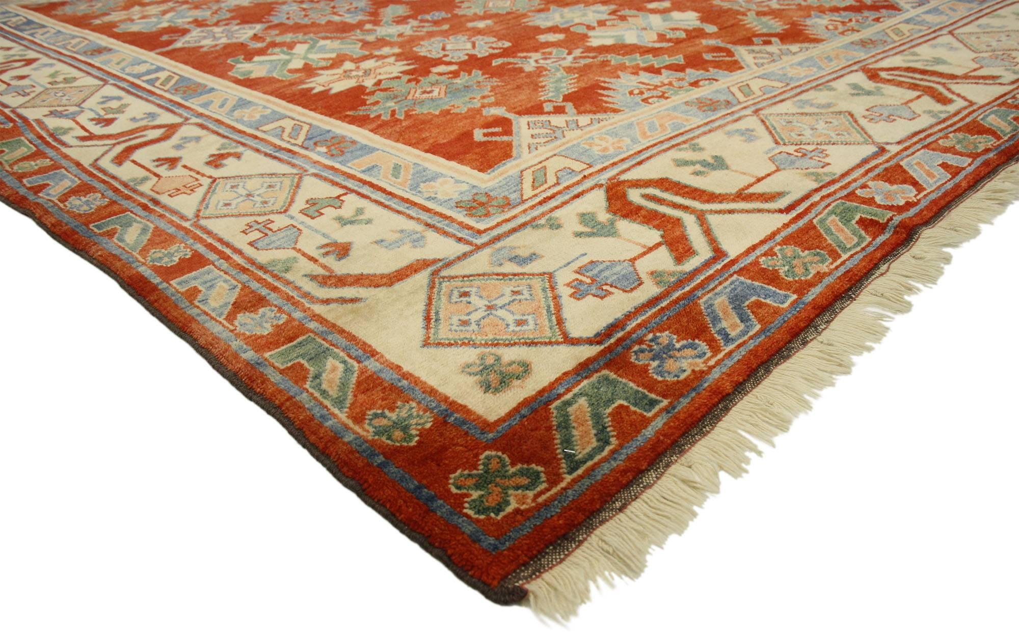 77110 Contemporary Turkish Oushak Area Rug with Modern Colonial Cape Cod Style 09'03 x 11'10. ​Blending elements from the modern world with vibrant colors, this hand knotted wool contemporary Turkish Oushak rug will boost the coziness factor in