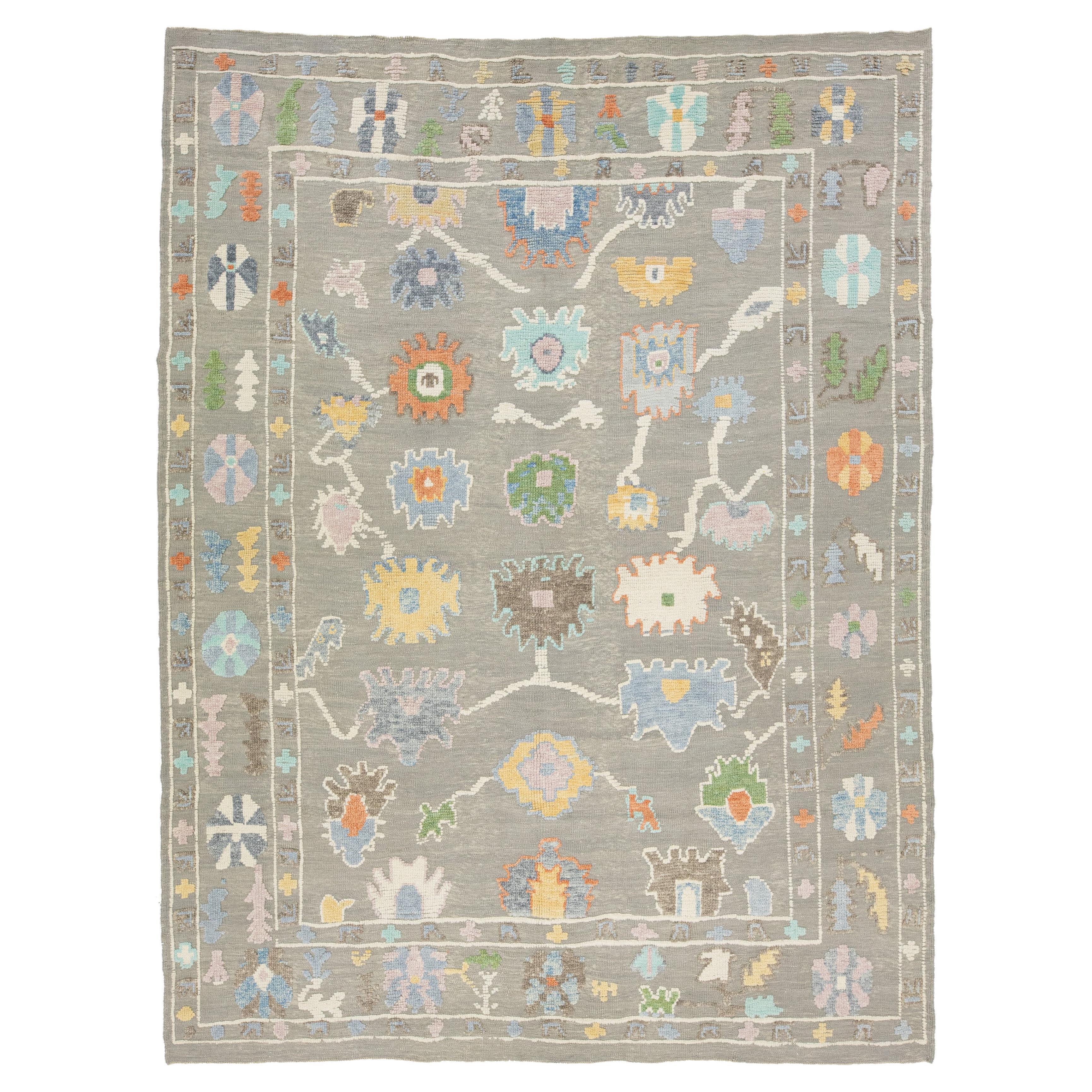 Contemporary Turkish Oushak Floral Wool Rug Handmade In Light Gray Color