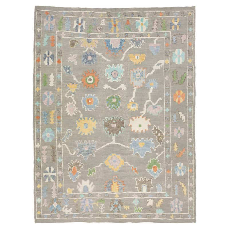 Contemporary Gray Wool Rug Turkish Oushak With Floral Design For Sale ...