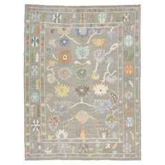 Contemporary Turkish Oushak Floral Wool Rug Handmade In Light Gray Color