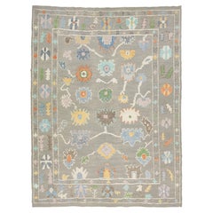 Tapis turc contemporain en laine à motifs floraux Oushak, fait à la main, de couleur gris clair