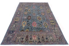 Contemporary Turkish Oushak Rug in Blue with Bright Pink & Yellow Floral Details