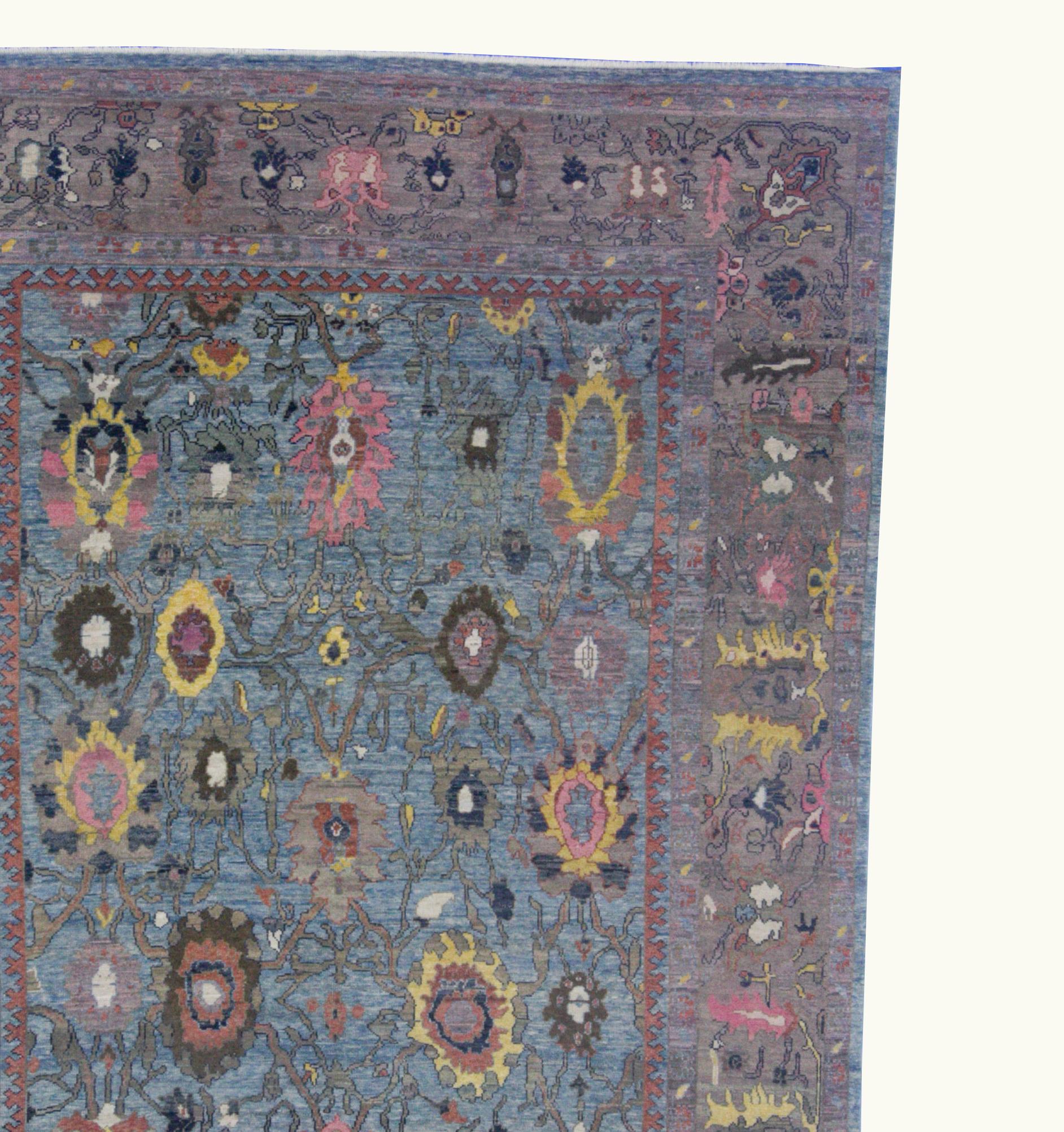 Hand-Woven Contemporary Turkish Oushak Rug in Blue with Bright Pink & Yellow Floral Details