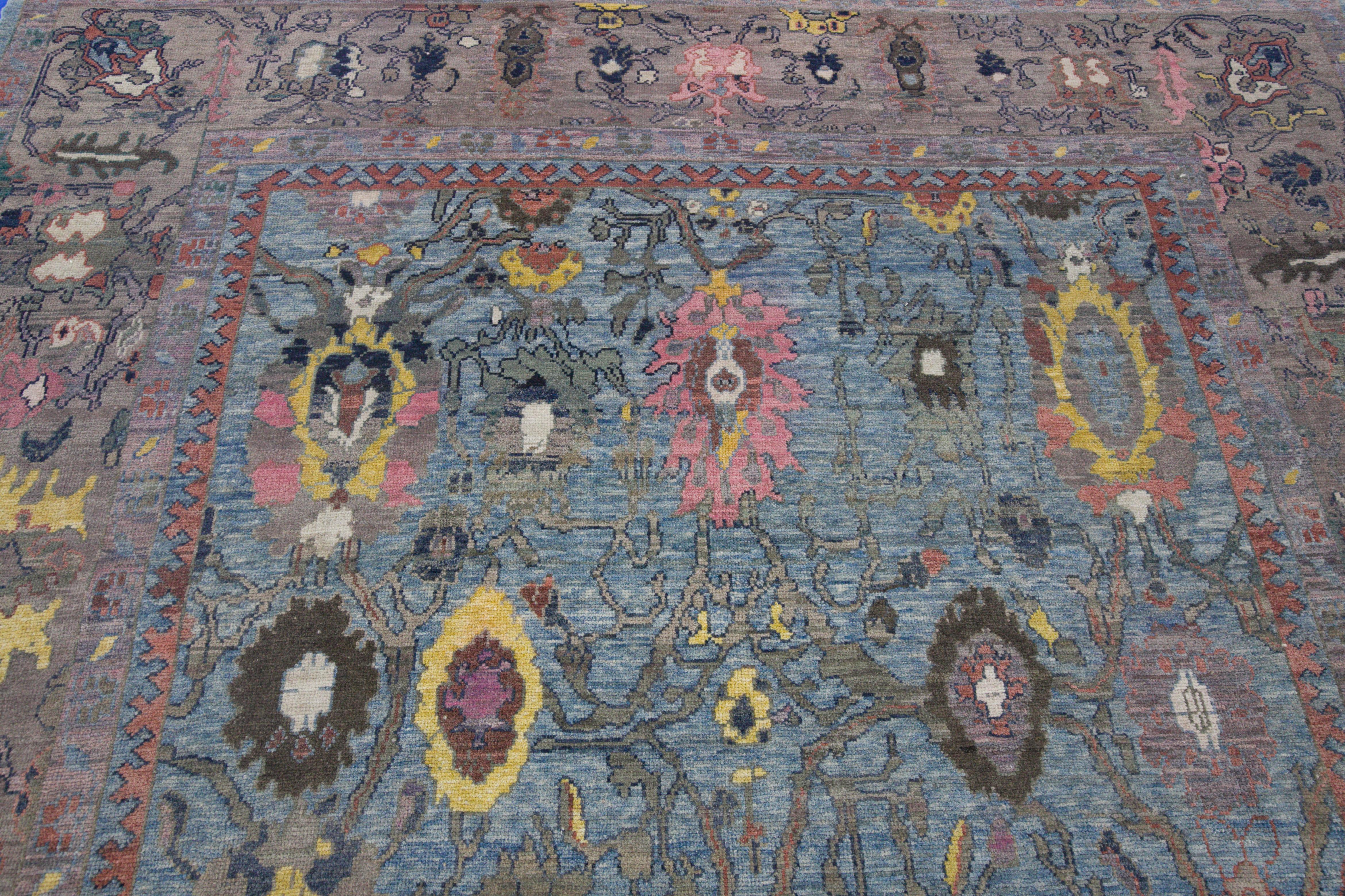 Wool Contemporary Turkish Oushak Rug in Blue with Bright Pink & Yellow Floral Details