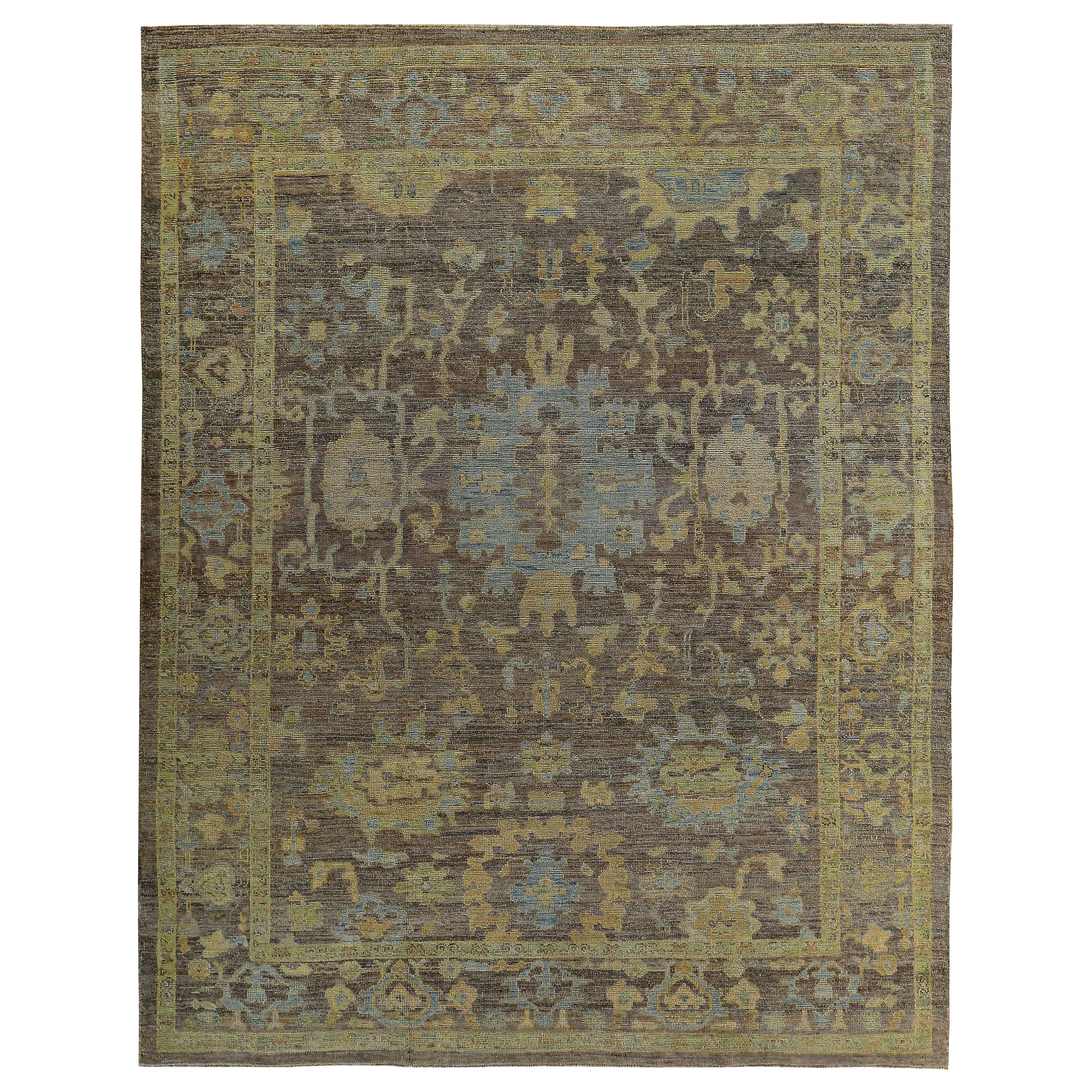 Contemporary Turkish Oushak Rug in Brown with Blue and Gold Floral Patterns