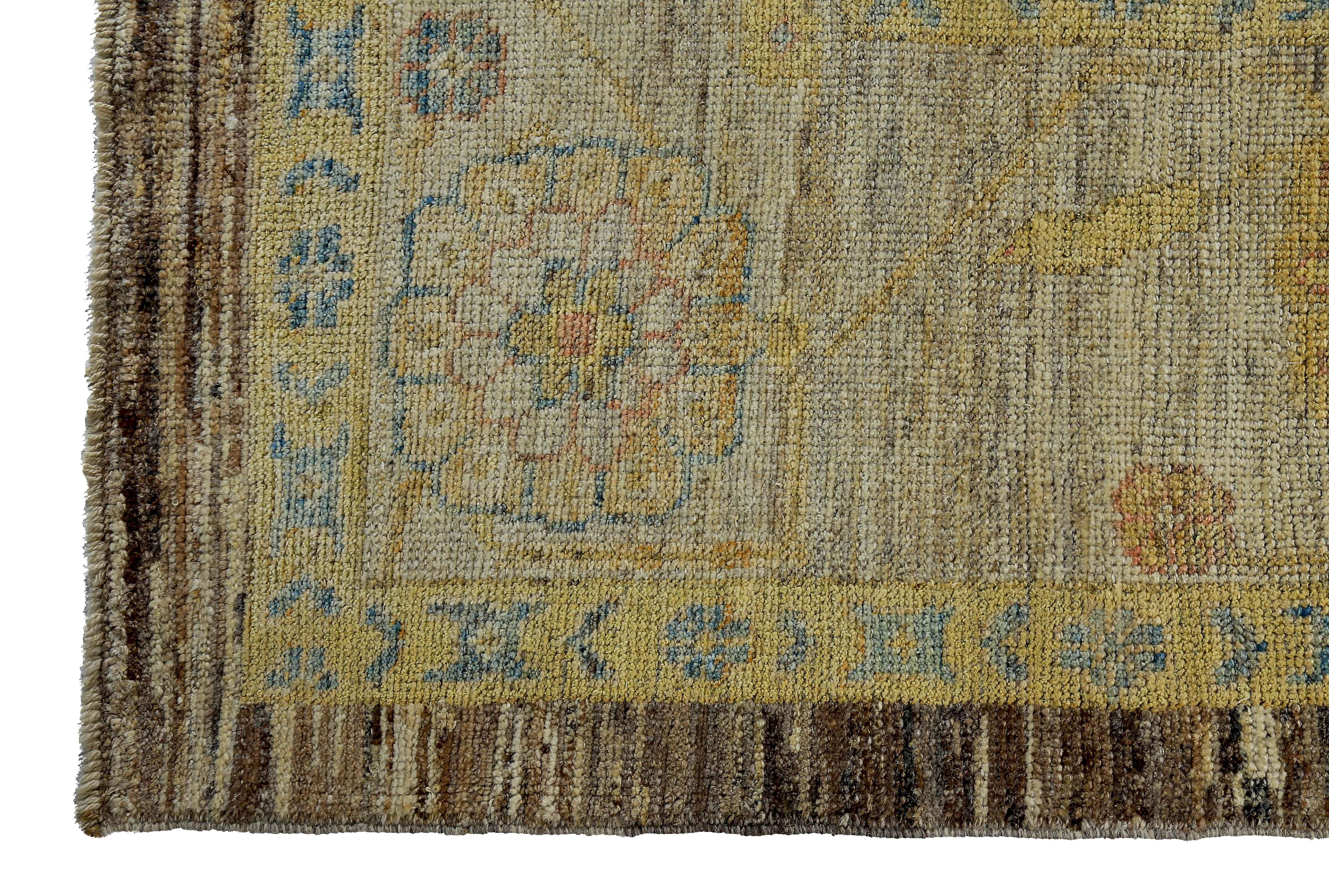 Wool Contemporary Turkish Oushak Rug in Brown with Ivory and Gold Floral Patterns For Sale