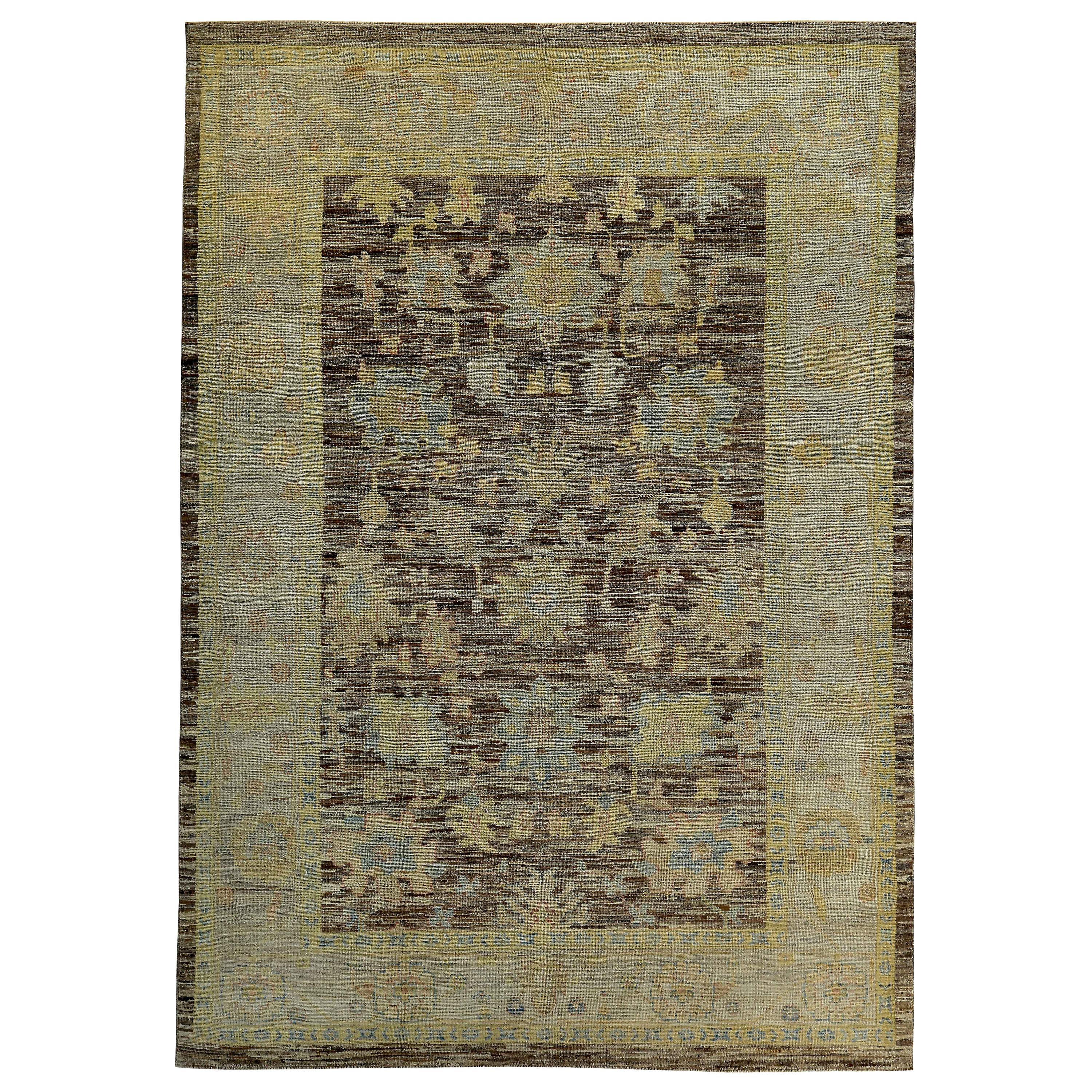 Contemporary Turkish Oushak Rug in Brown with Ivory and Gold Floral Patterns