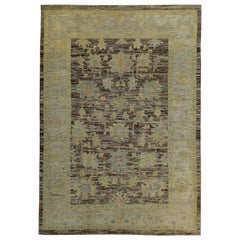 Tapis turc contemporain Oushak en brun avec motifs floraux ivoire et or