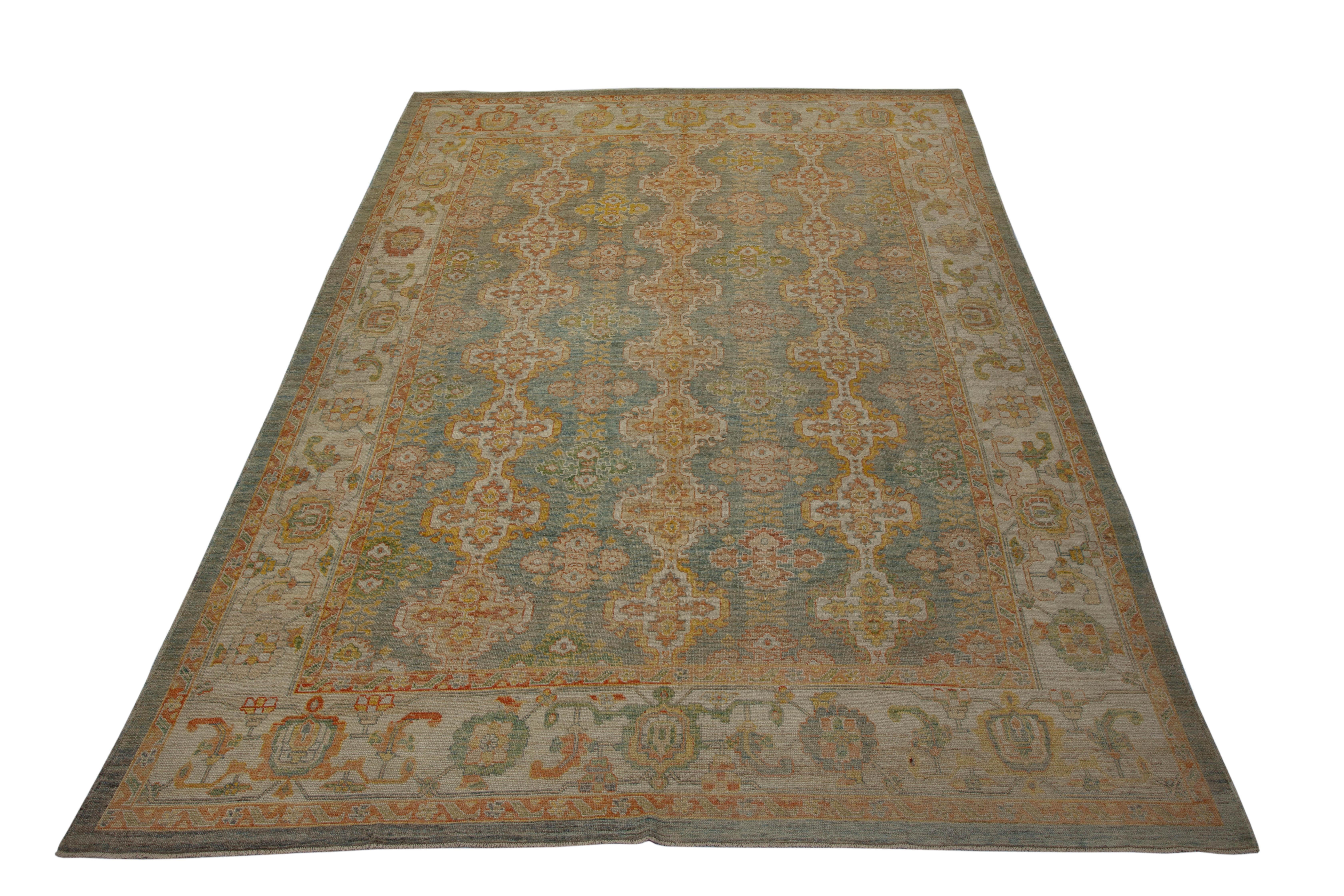 Contemporary Turkish Oushak Rug in Ivory and Green with Flower Medallions For Sale 4