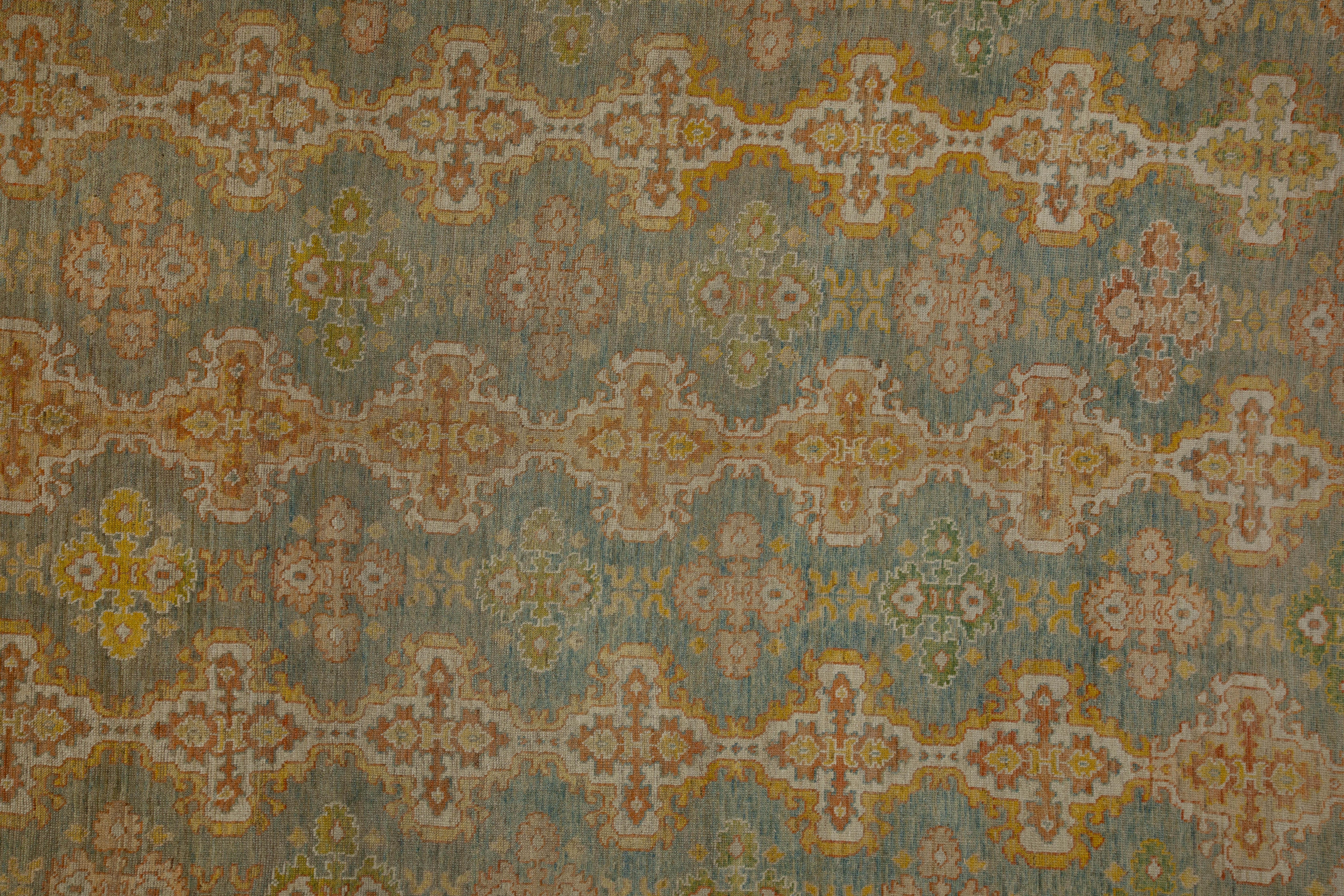 Contemporary Turkish Oushak Rug in Ivory and Green with Flower Medallions For Sale 6