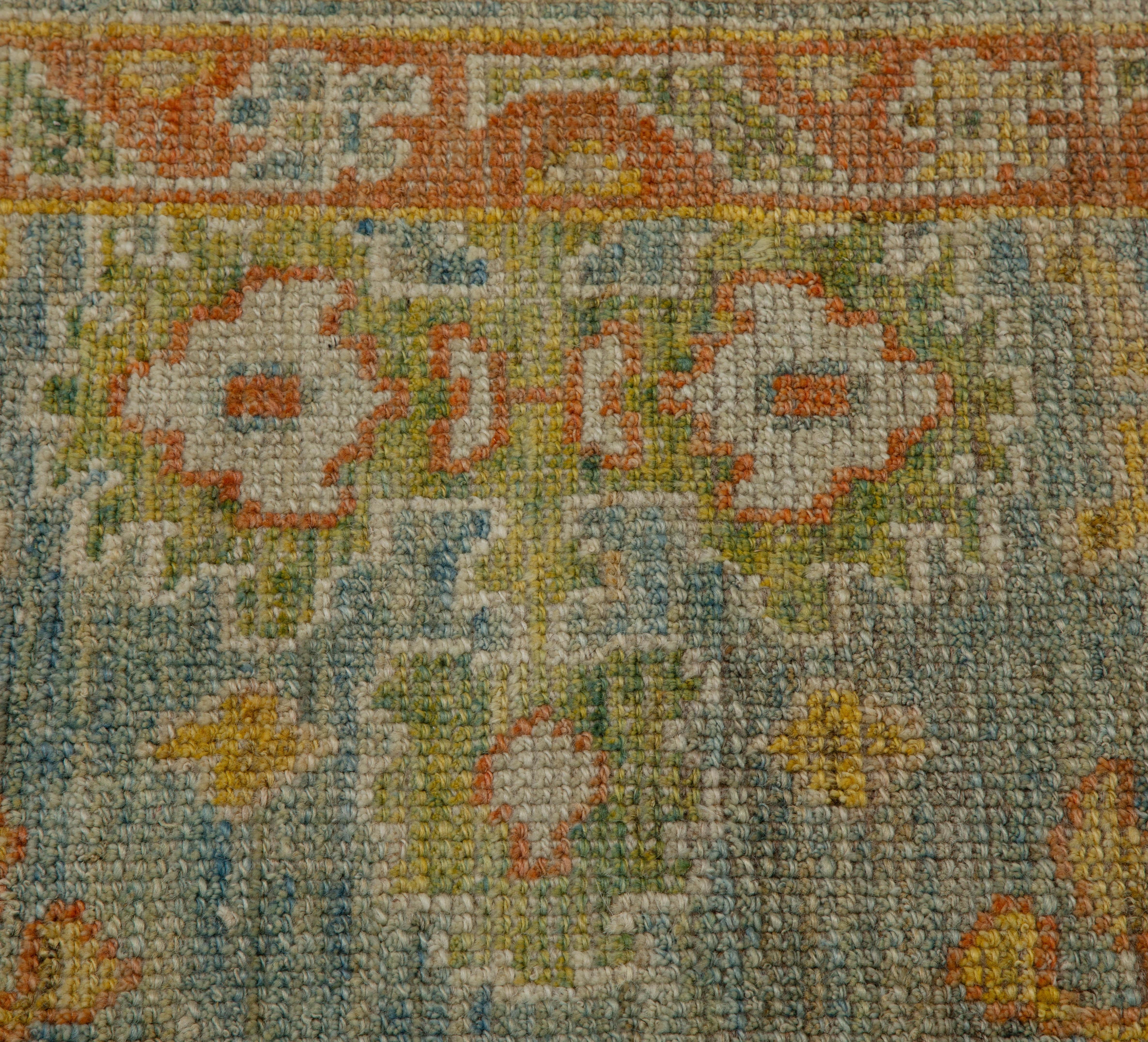 Contemporary Turkish Oushak Rug in Ivory and Green with Flower Medallions In Excellent Condition For Sale In Dallas, TX