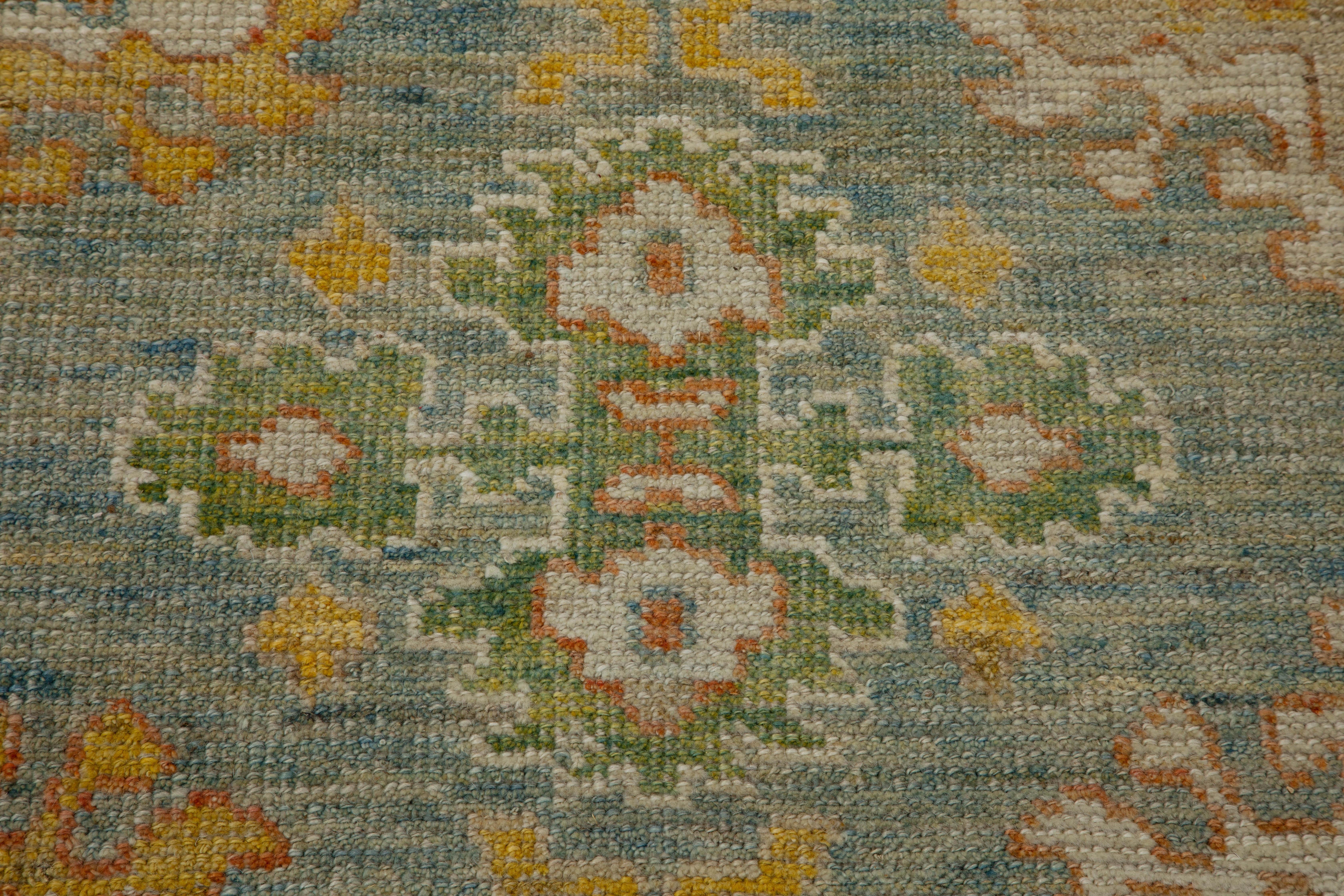 20th Century Contemporary Turkish Oushak Rug in Ivory and Green with Flower Medallions For Sale
