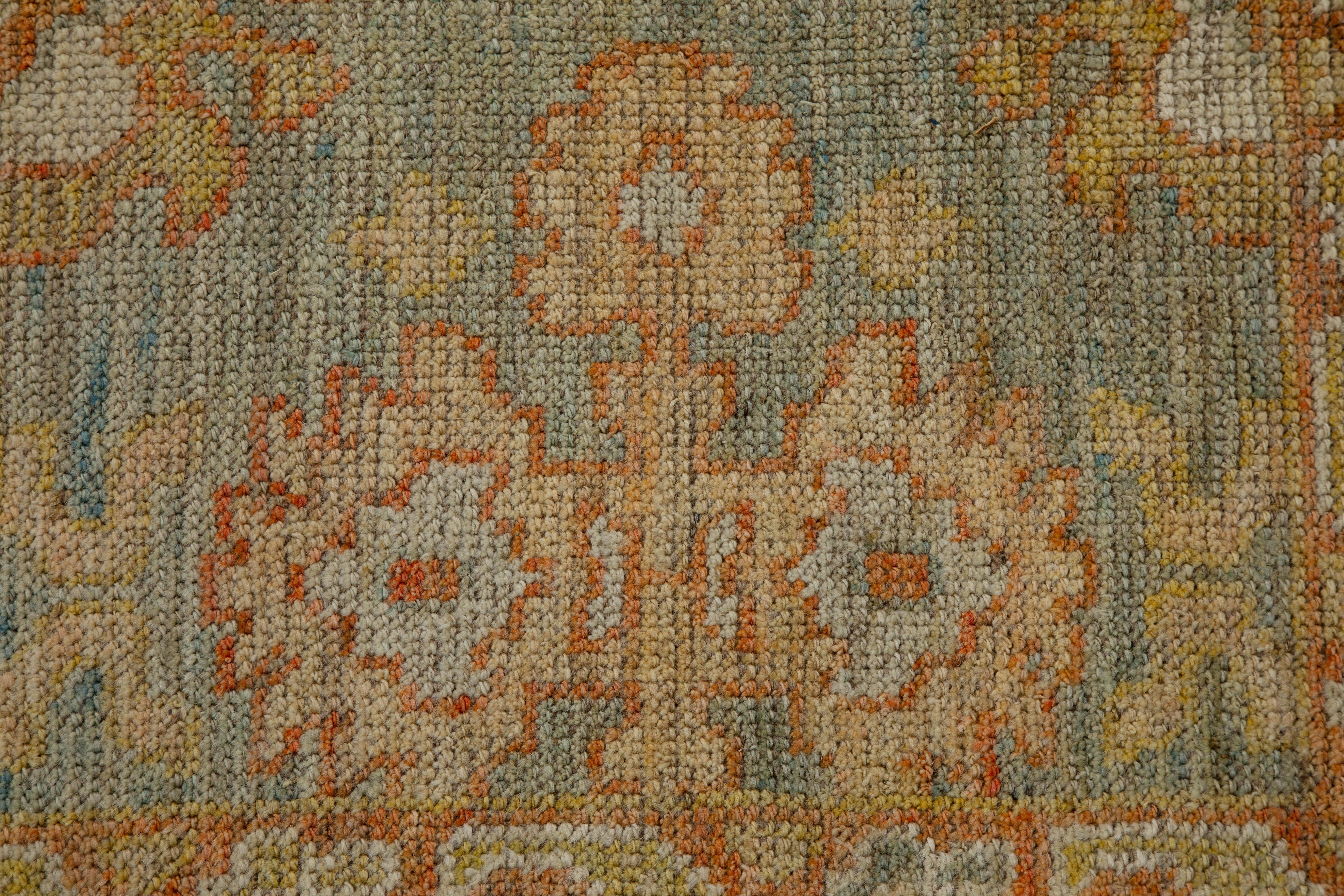 Contemporary Turkish Oushak Rug in Ivory and Green with Flower Medallions For Sale 1
