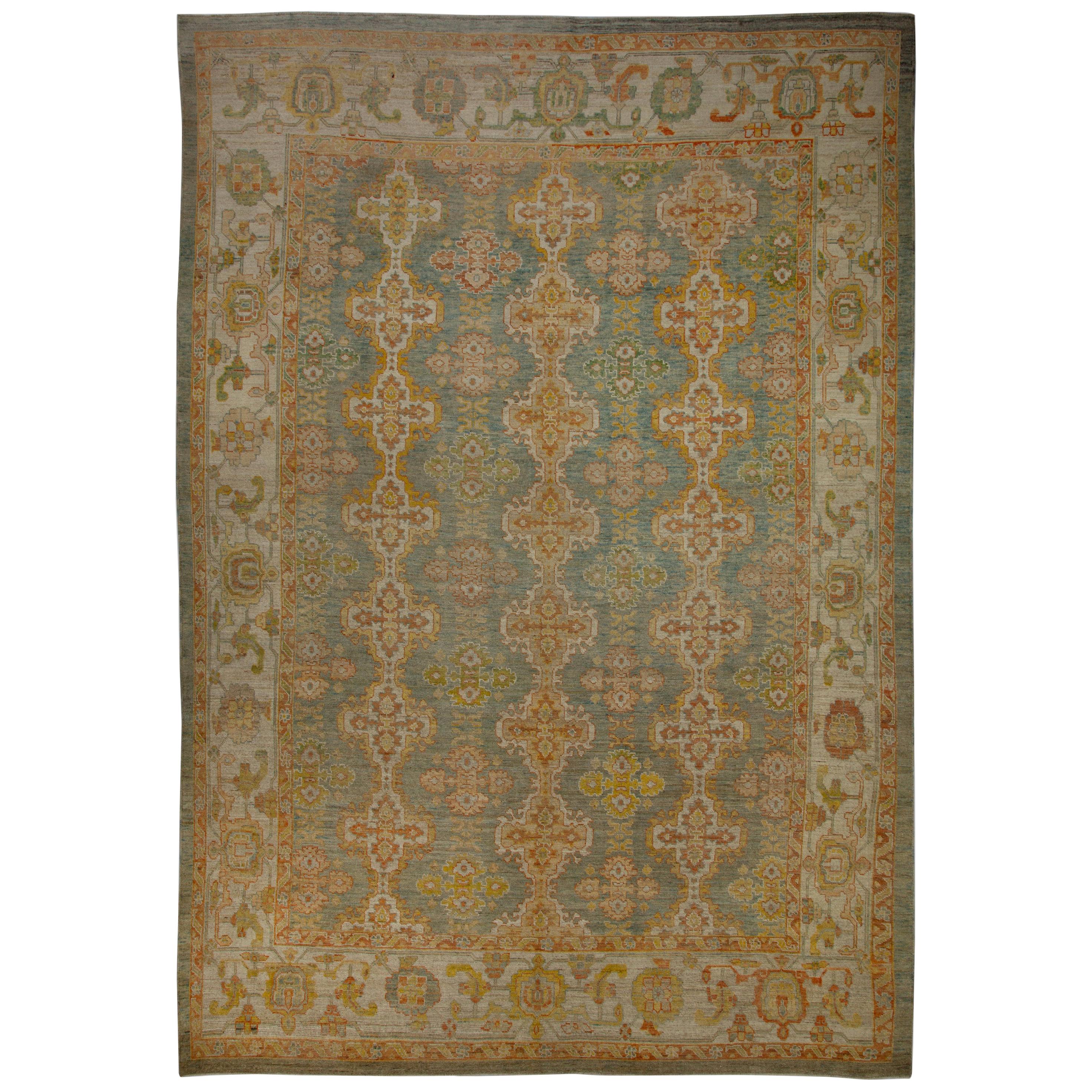 Contemporary Turkish Oushak Rug in Ivory and Green with Flower Medallions