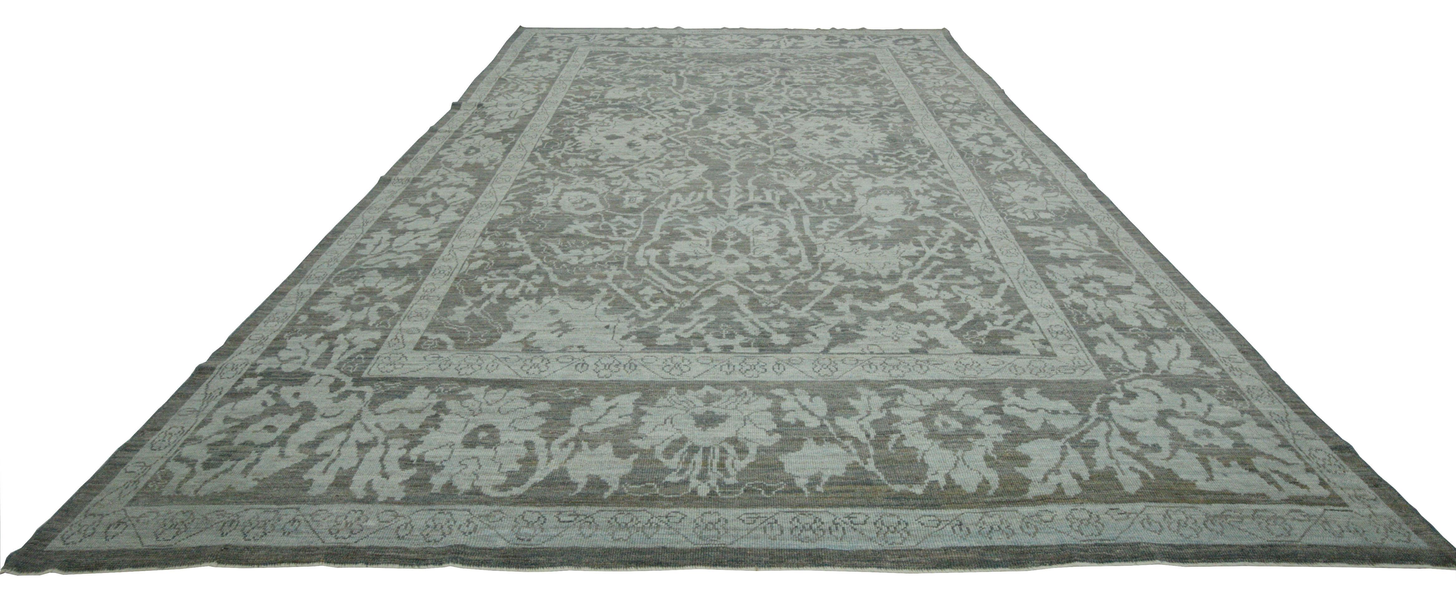 Contemporary Turkish Oushak Rug in Ivory with Gray and Navy Floral Patterns For Sale 1