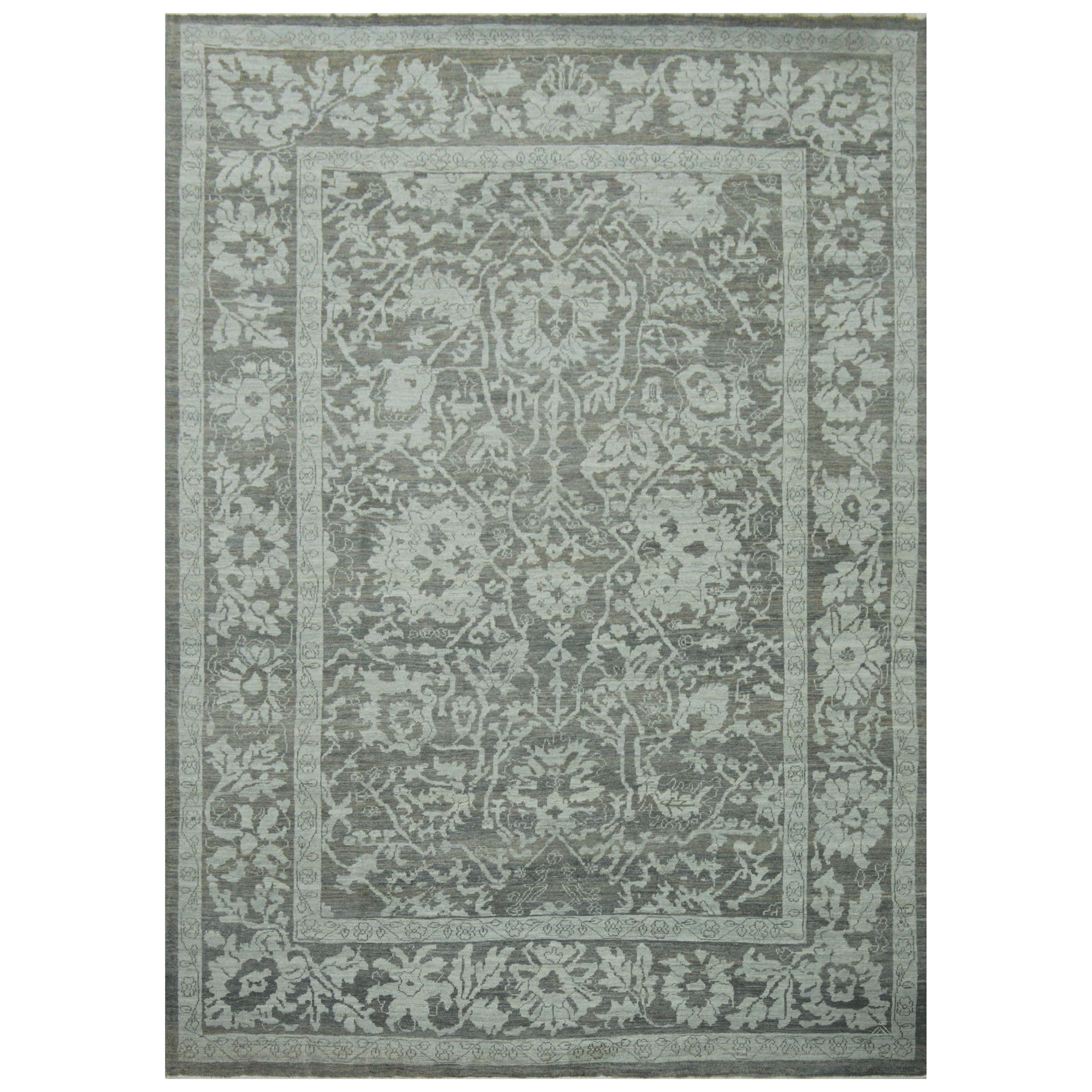 Contemporary Turkish Oushak Rug in Ivory with Gray and Navy Floral Patterns