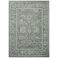 Contemporary Turkish Oushak Rug in Ivory with Gray and Navy Floral Patterns