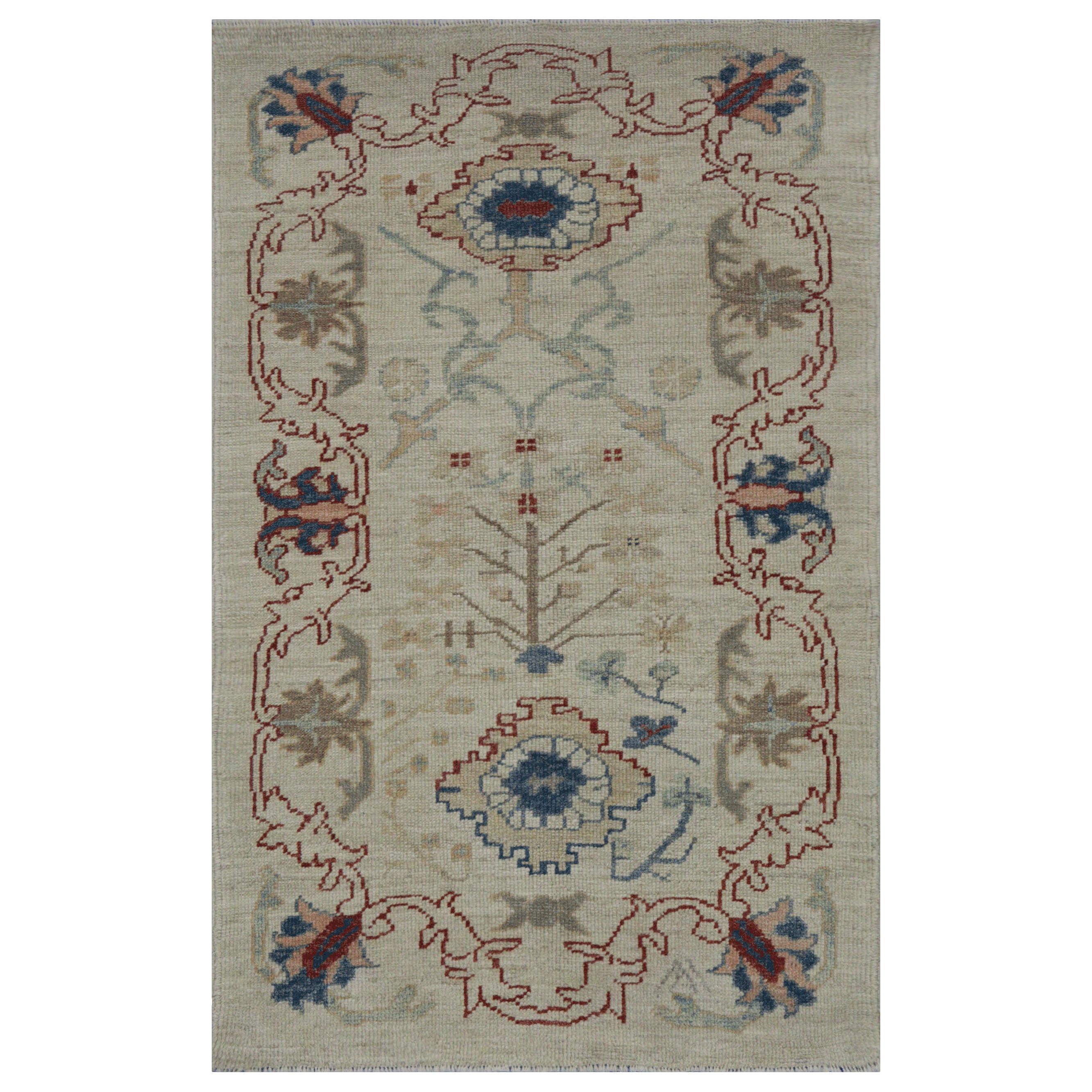 Contemporary Turkish Oushak Rug in Ivory with Red and Navy Floral Border
