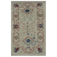 Contemporary Turkish Oushak Rug in Ivory with Red and Navy Floral Border