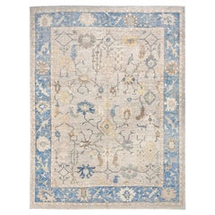 Contemporary Turkish Oushak Rug • Ivory & Blue Neutral Handmade Wool Carpet 9x12