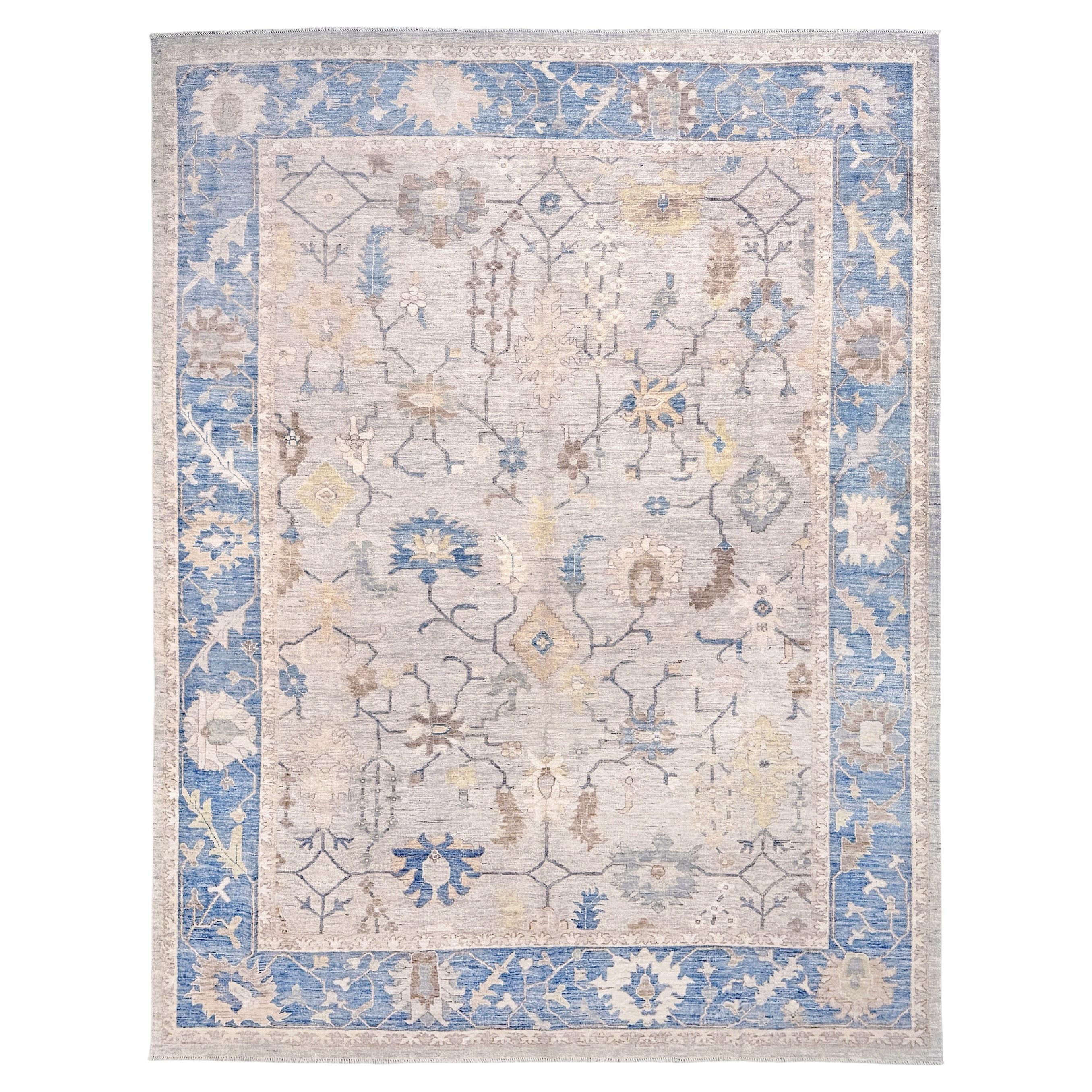 Contemporary Turkish Oushak Rug • Ivory & Blue Neutral Handmade Wool Carpet 9x12