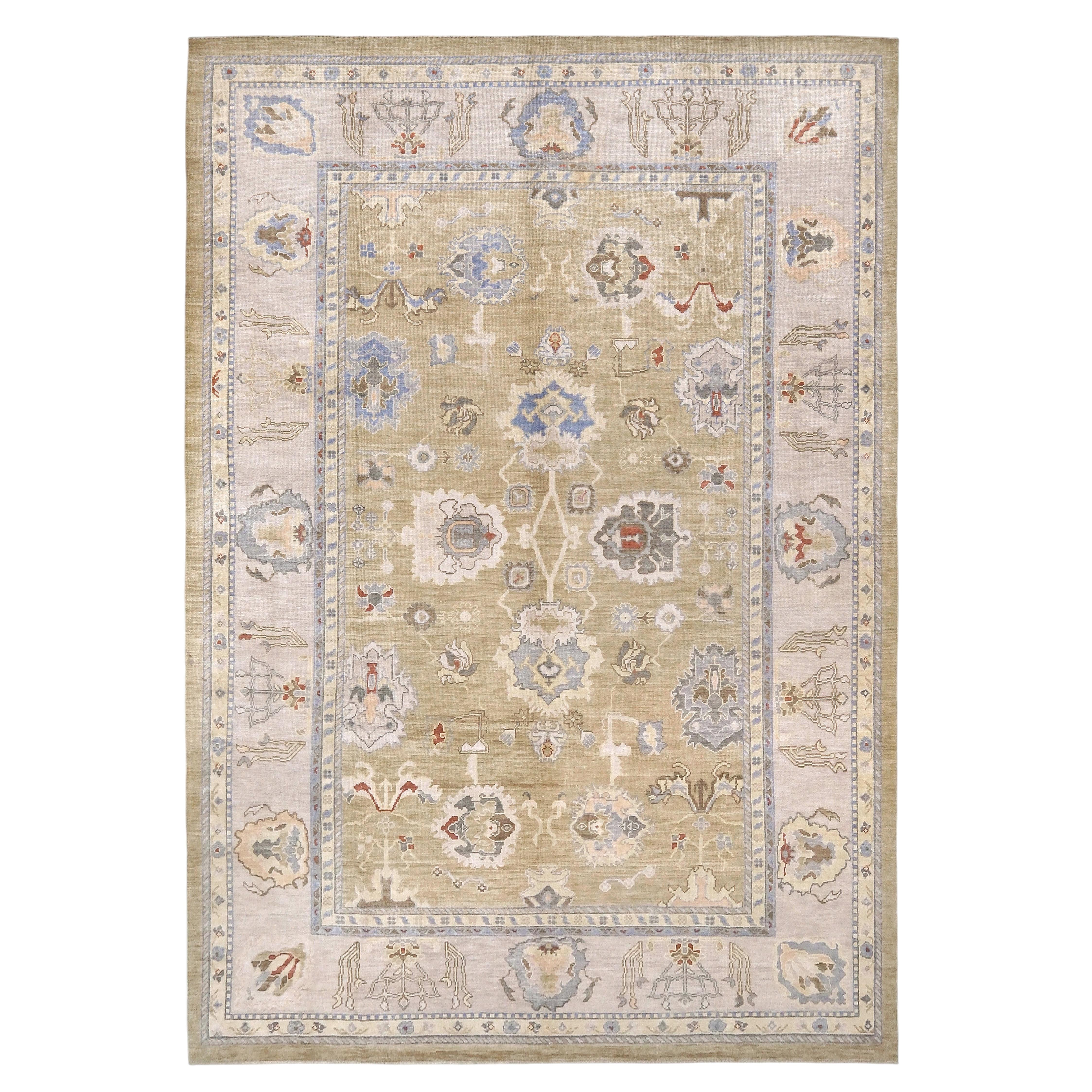 Contemporary Turkish Oushak Rug • Light Olive Handmade Floral Wool Carpet 10x14
