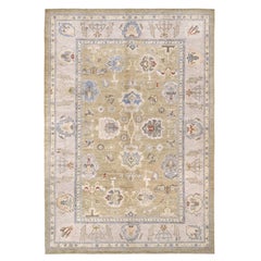 Contemporary Turkish Oushak Rug • Light Olive Handmade Floral Wool Carpet 10x14