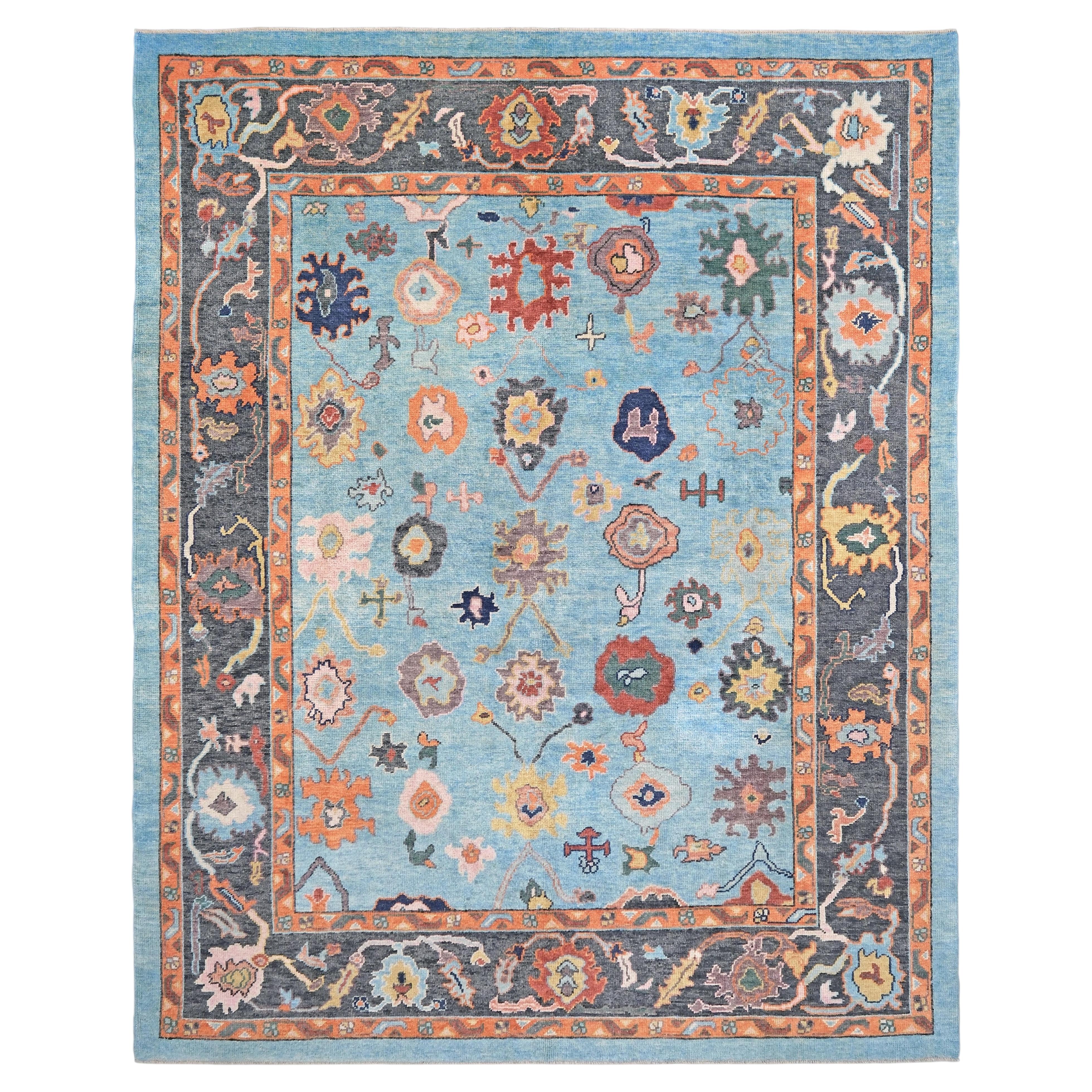 Contemporary Turkish Oushak Rug • Pale Turquoise Handmade Wool Carpet 8x10 For Sale