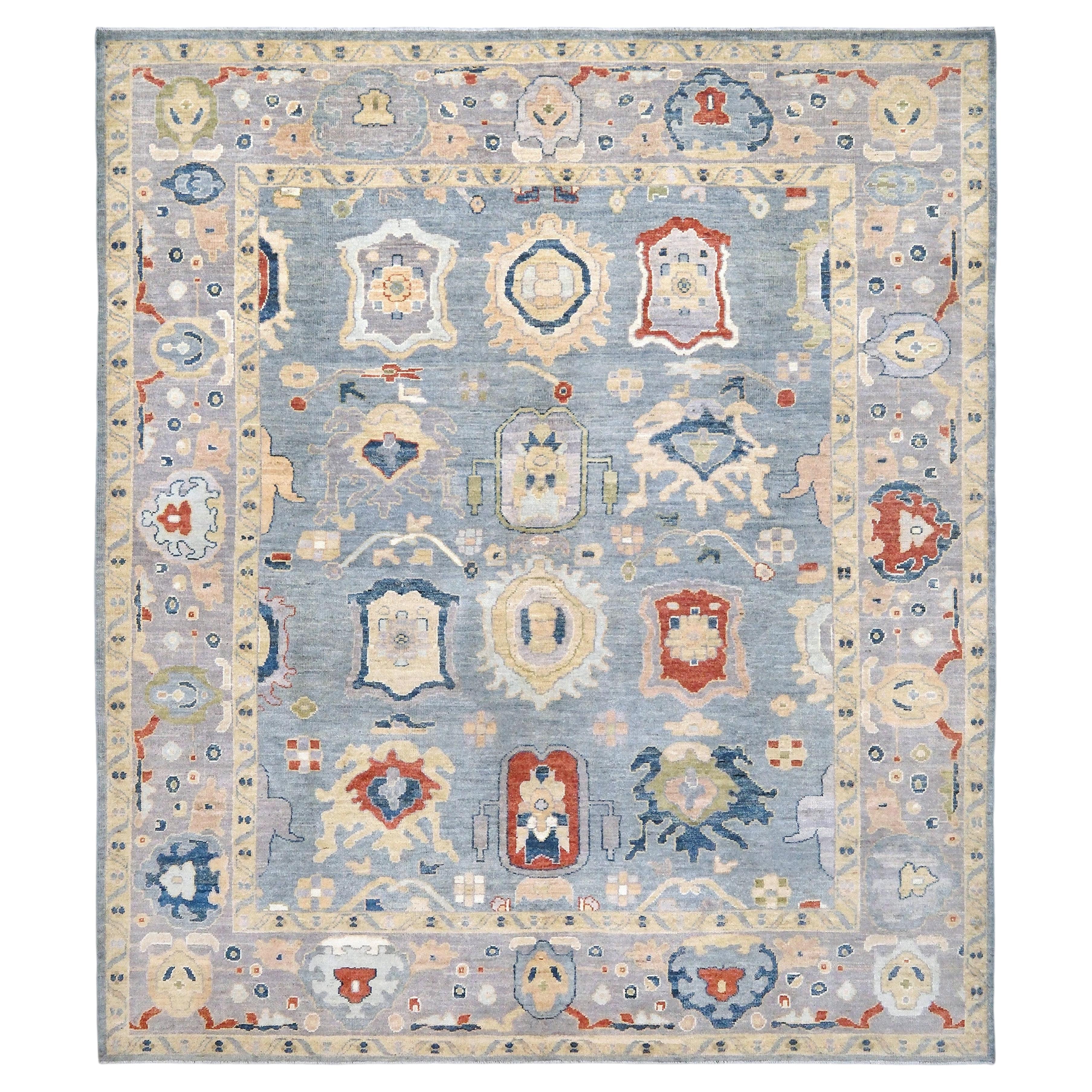 Contemporary Turkish Oushak Rug • Powder Blue Handmade Floral Wool Carpet 8x10 For Sale