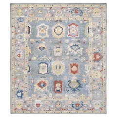 Contemporary Turkish Oushak Rug • Powder Blue Handmade Floral Wool Carpet 8x10