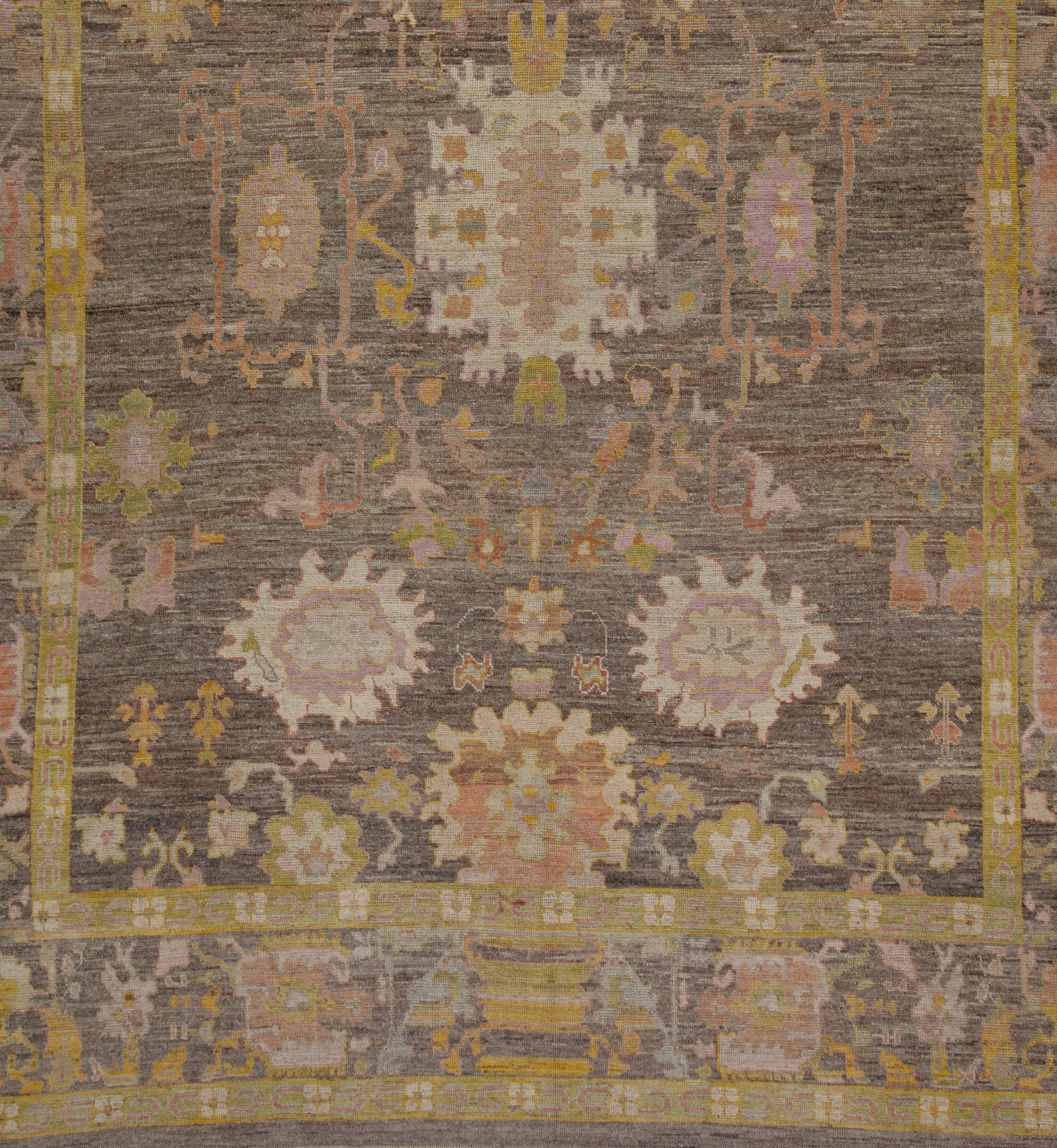 Contemporary Turkish Oushak Rug with a Brown Field and Gold Borders For Sale 3