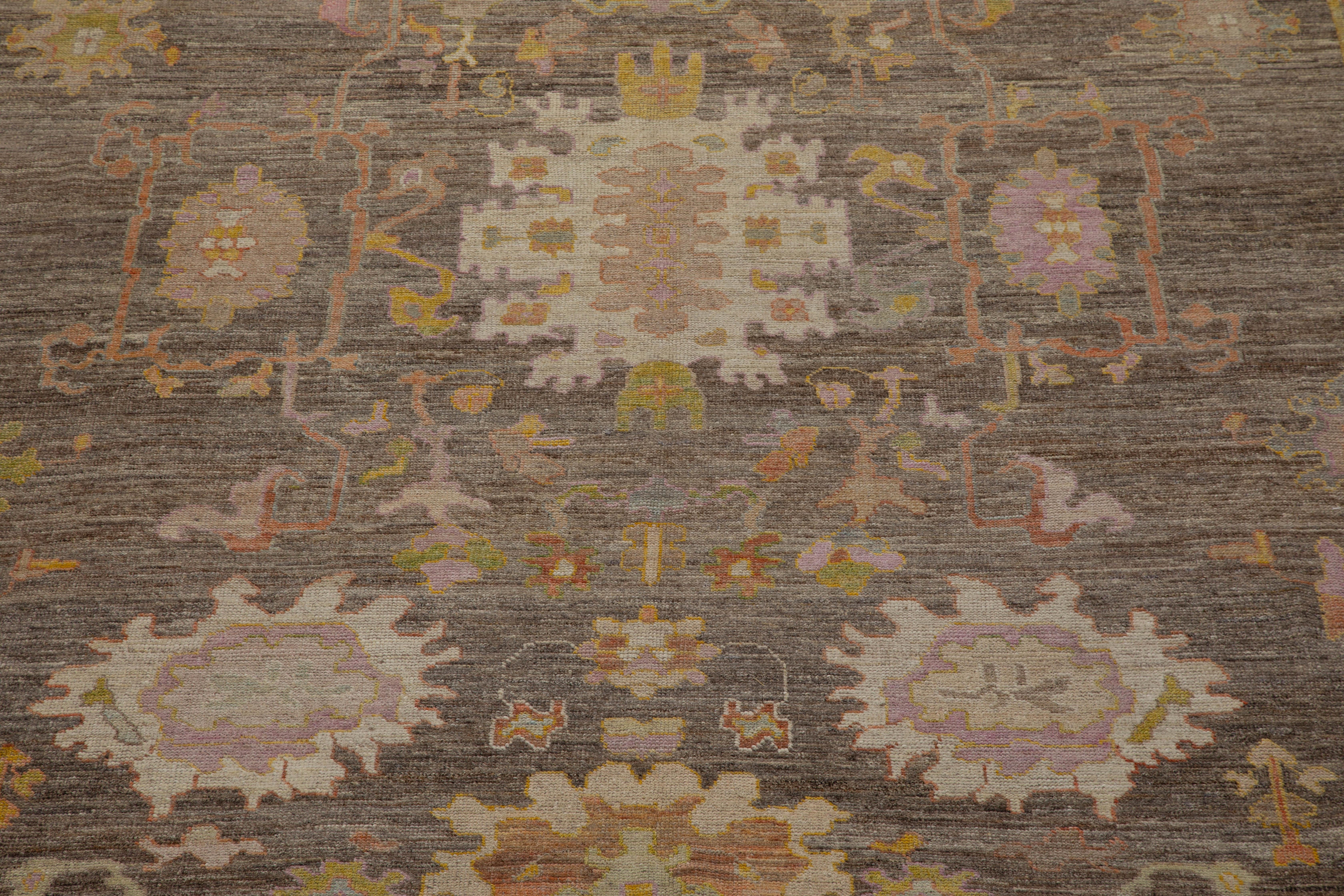 Contemporary Turkish Oushak Rug with a Brown Field and Gold Borders In New Condition For Sale In Dallas, TX