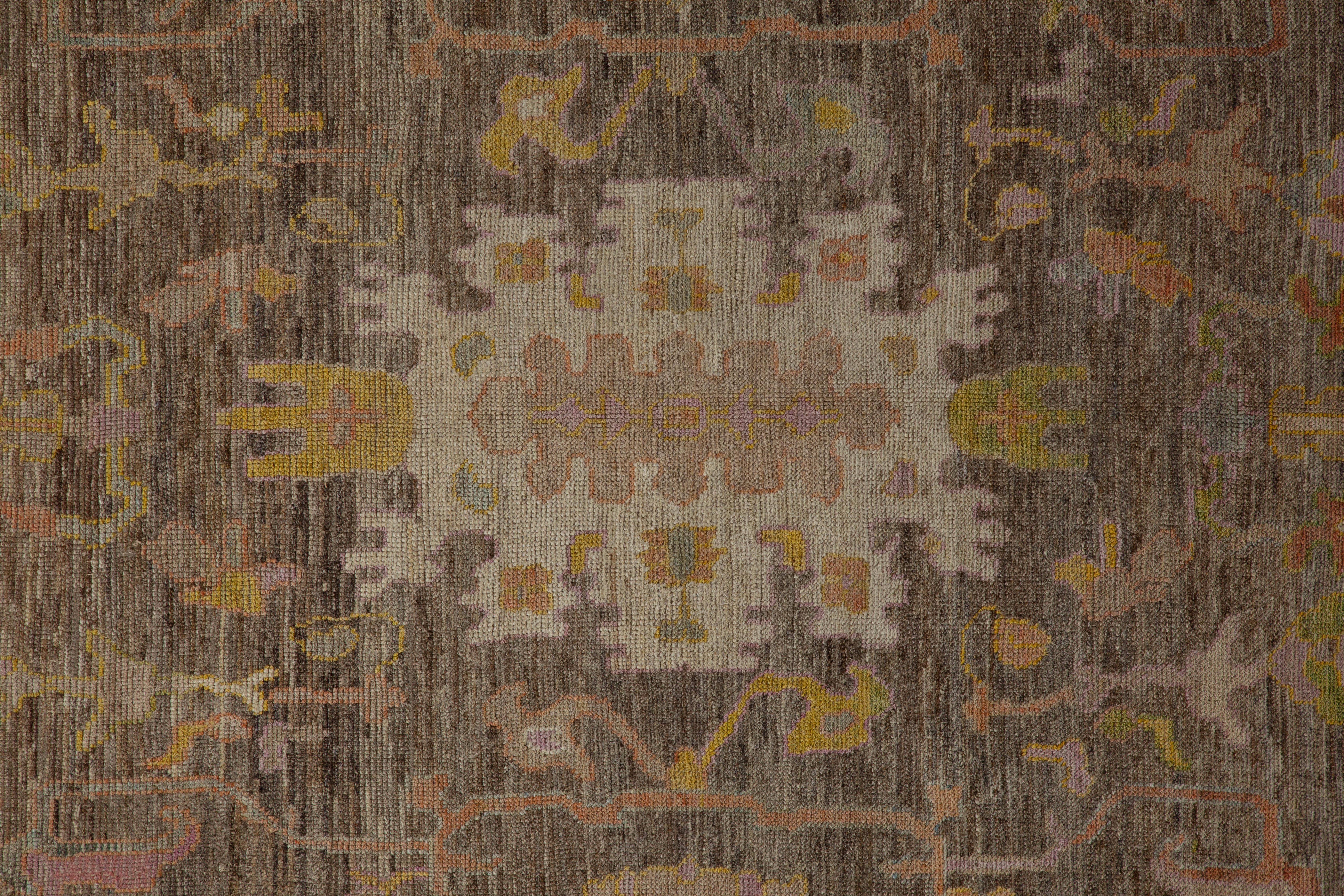 Wool Contemporary Turkish Oushak Rug with a Brown Field and Gold Borders For Sale