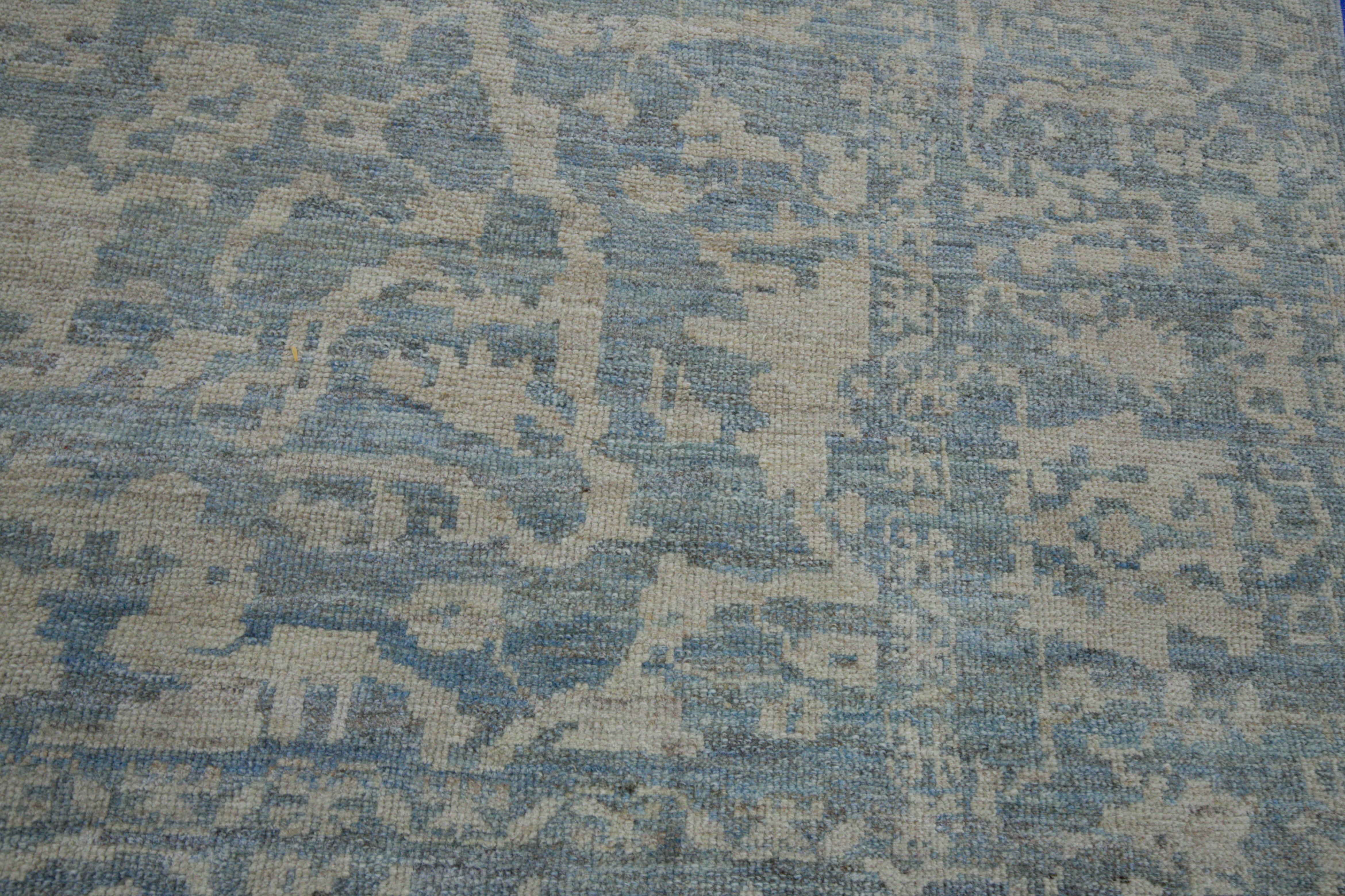 Hand-Woven Contemporary Turkish Oushak Rug with Beige Field and Blue Flower Patterns