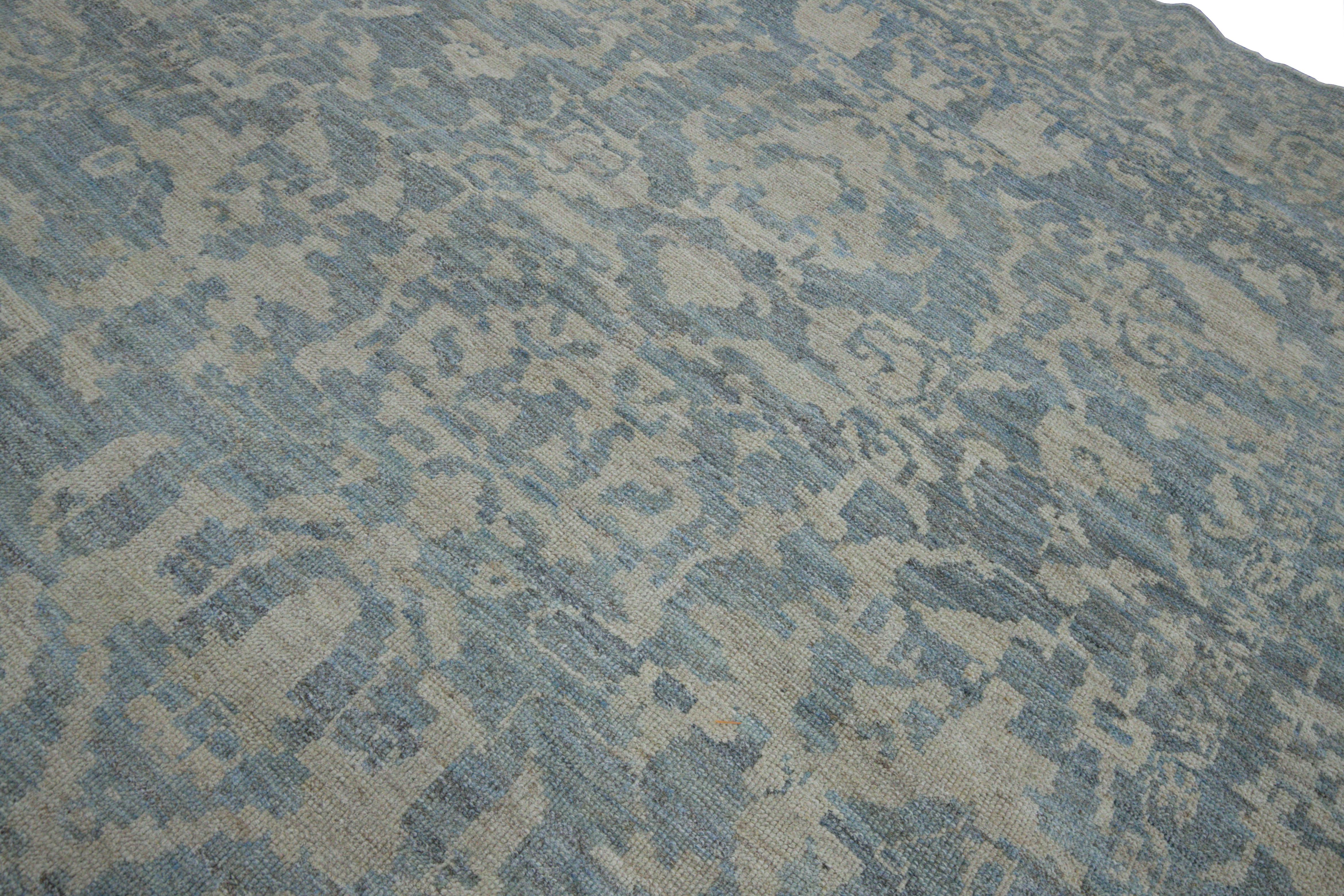 Contemporary Turkish Oushak Rug with Beige Field and Blue Flower Patterns In New Condition In Dallas, TX