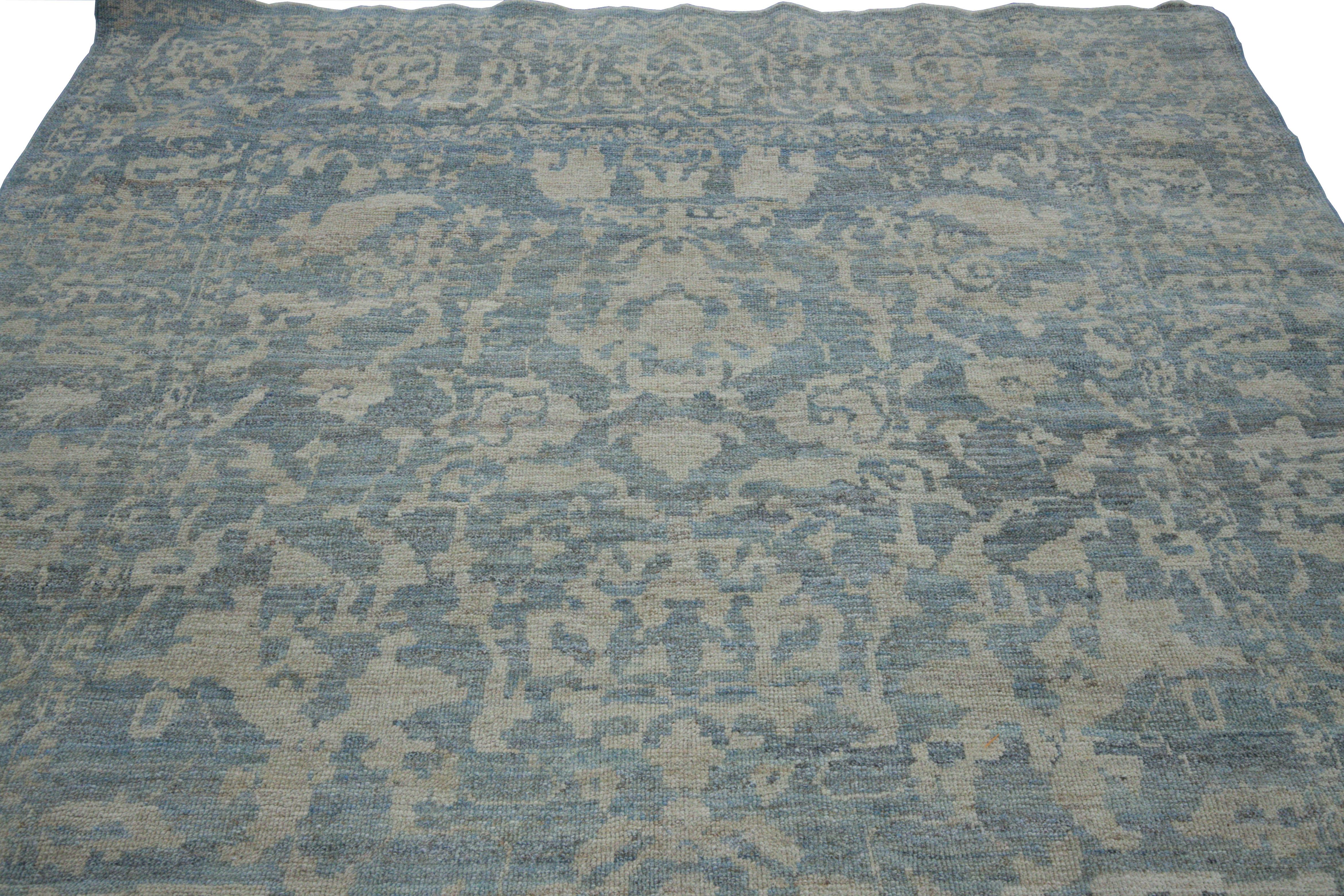 Wool Contemporary Turkish Oushak Rug with Beige Field and Blue Flower Patterns