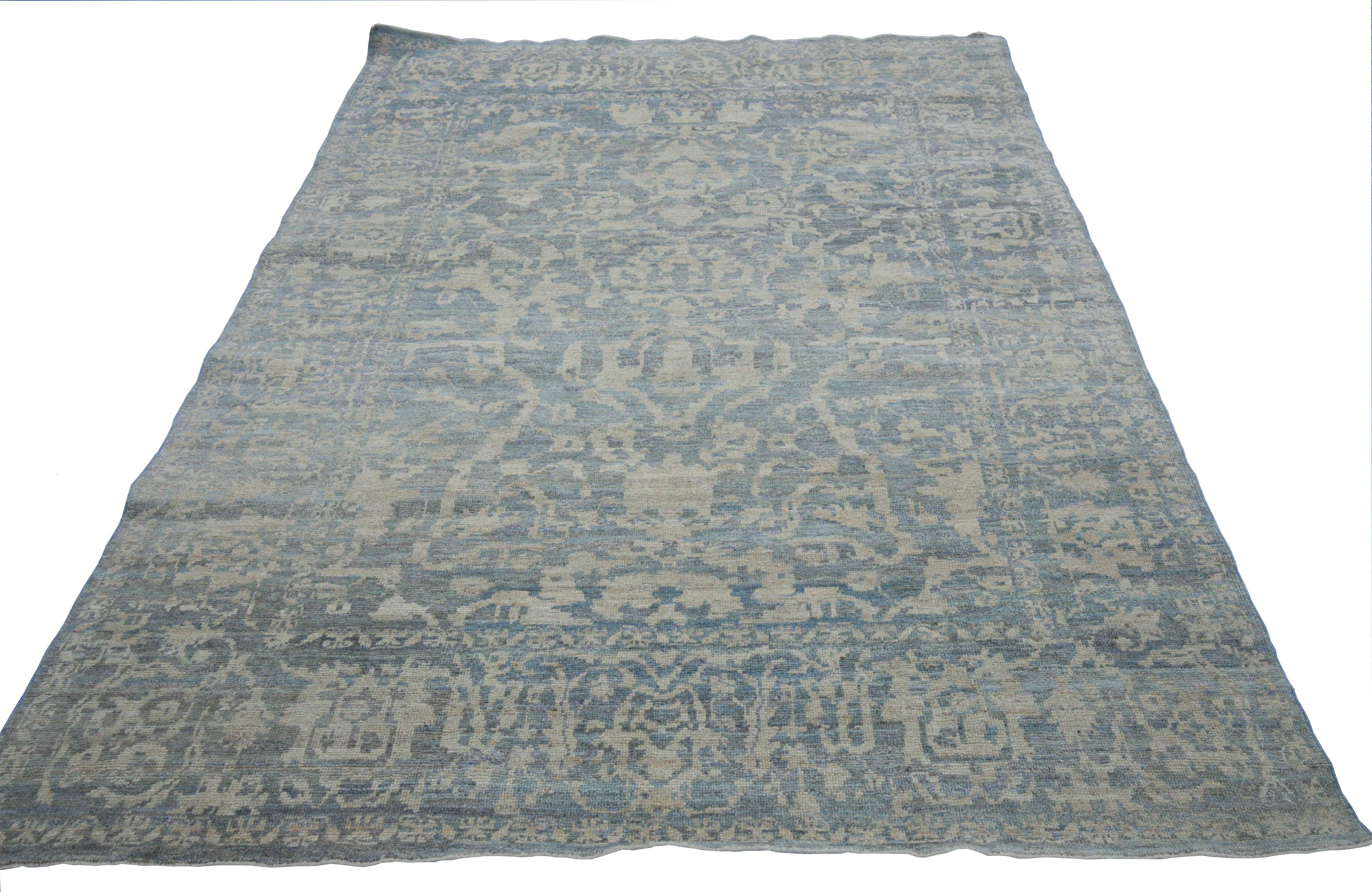 Contemporary Turkish Oushak Rug with Beige Field and Blue Flower Patterns 1