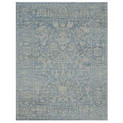Contemporary Turkish Oushak Rug with Beige Field and Blue Flower Patterns