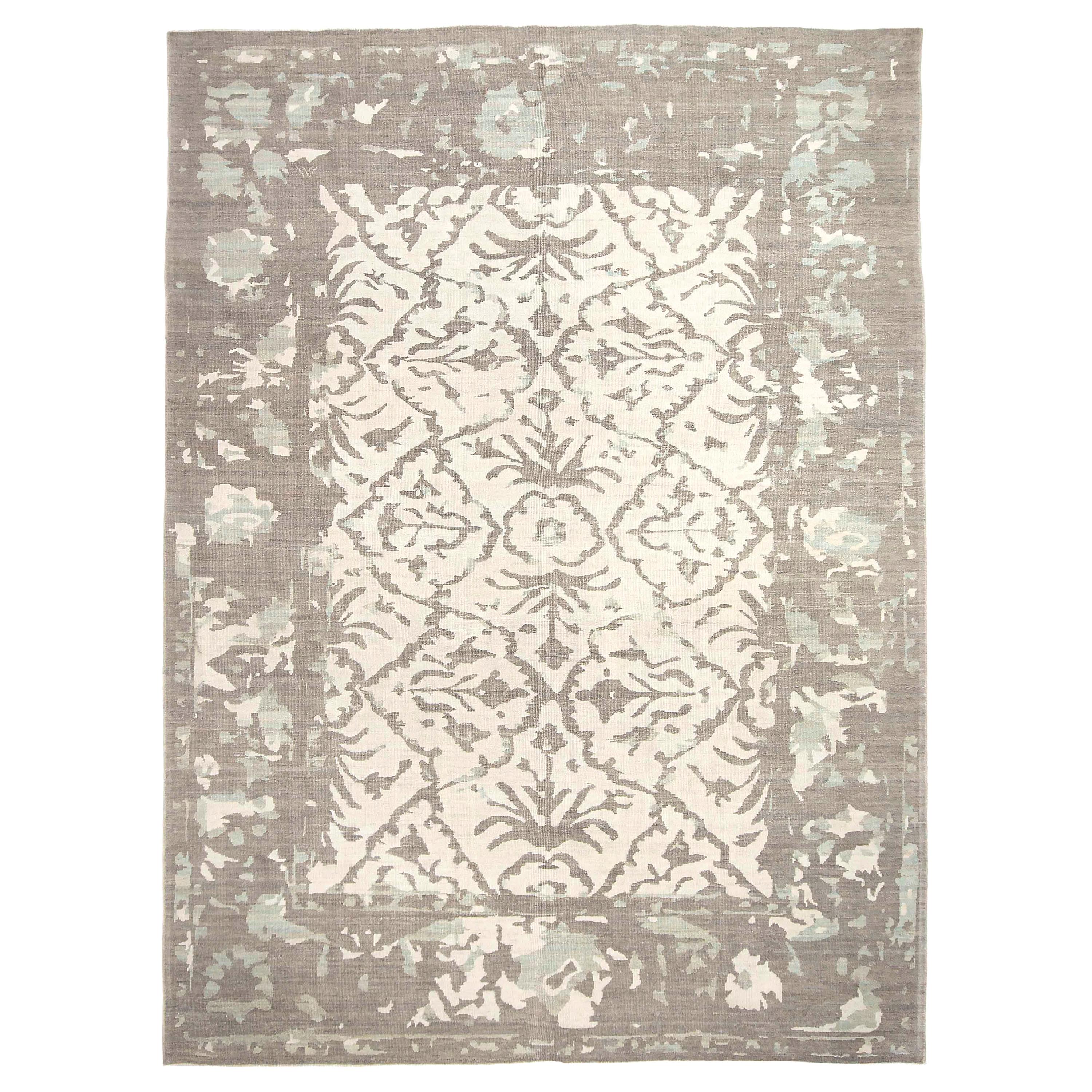 Contemporary Turkish Oushak Rug with Blue Floral Details on Brown & Beige Field