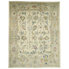 Contemporary Turkish Oushak Rug with Bold Prints and Vintage, Inspired Style