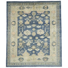 Contemporary Turkish Oushak Rug with Brilliant Blues and Modern Style