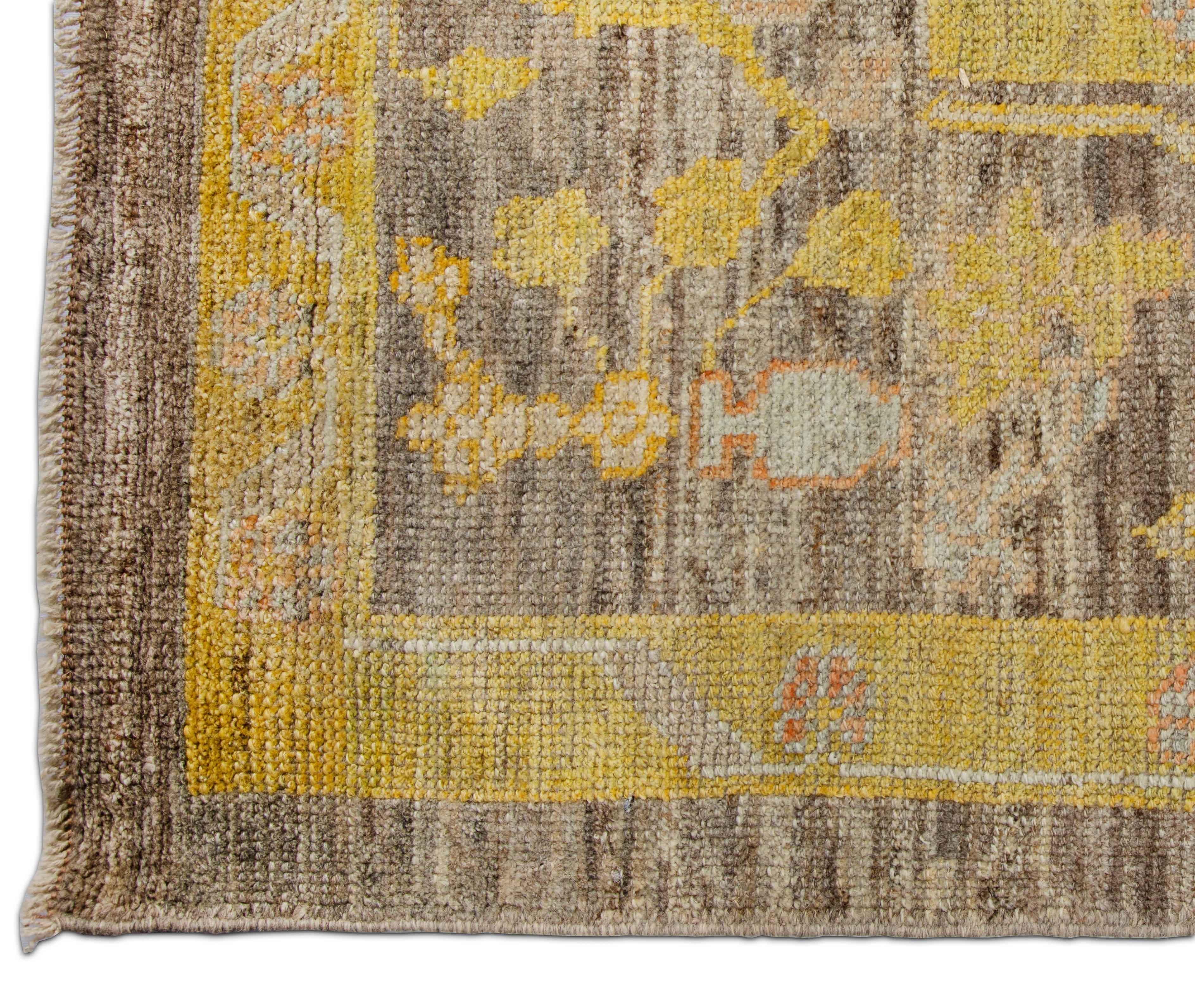 Hand-Woven Contemporary Turkish Oushak Rug with Brown Field and Floral Details All-Over For Sale