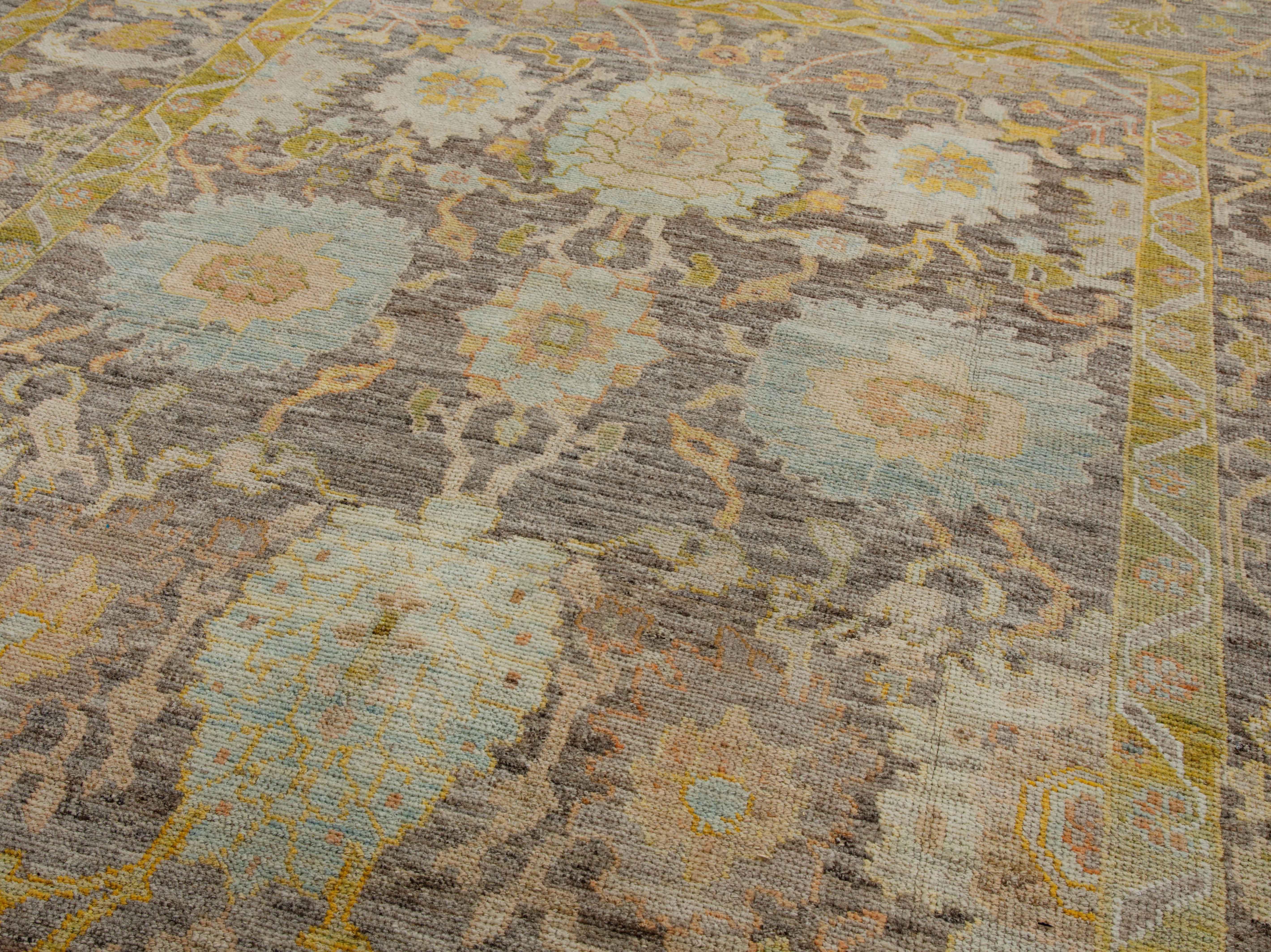 Wool Contemporary Turkish Oushak Rug with Brown Field and Floral Details All-Over For Sale
