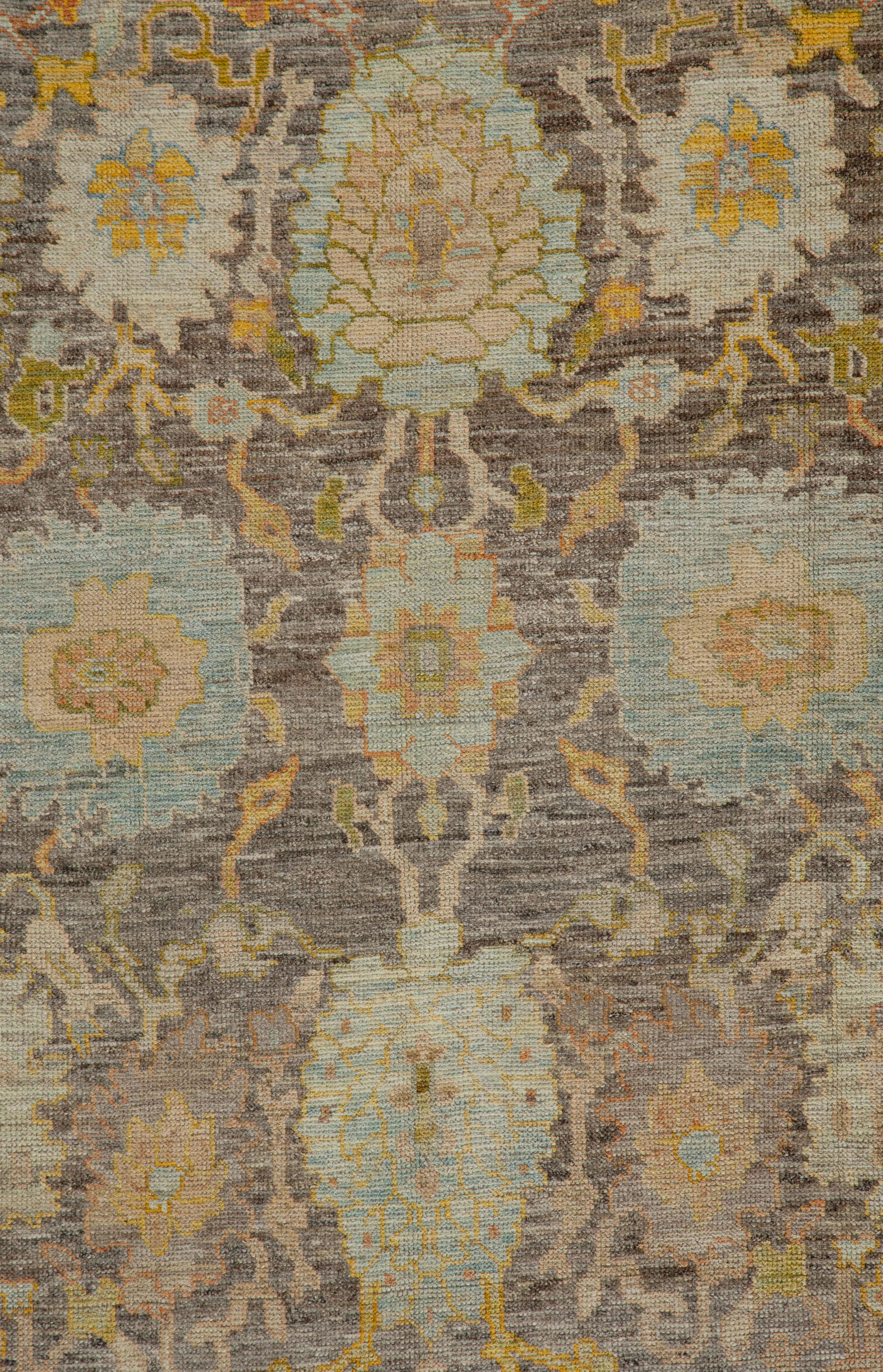 Contemporary Turkish Oushak Rug with Brown Field and Floral Details All-Over For Sale 2