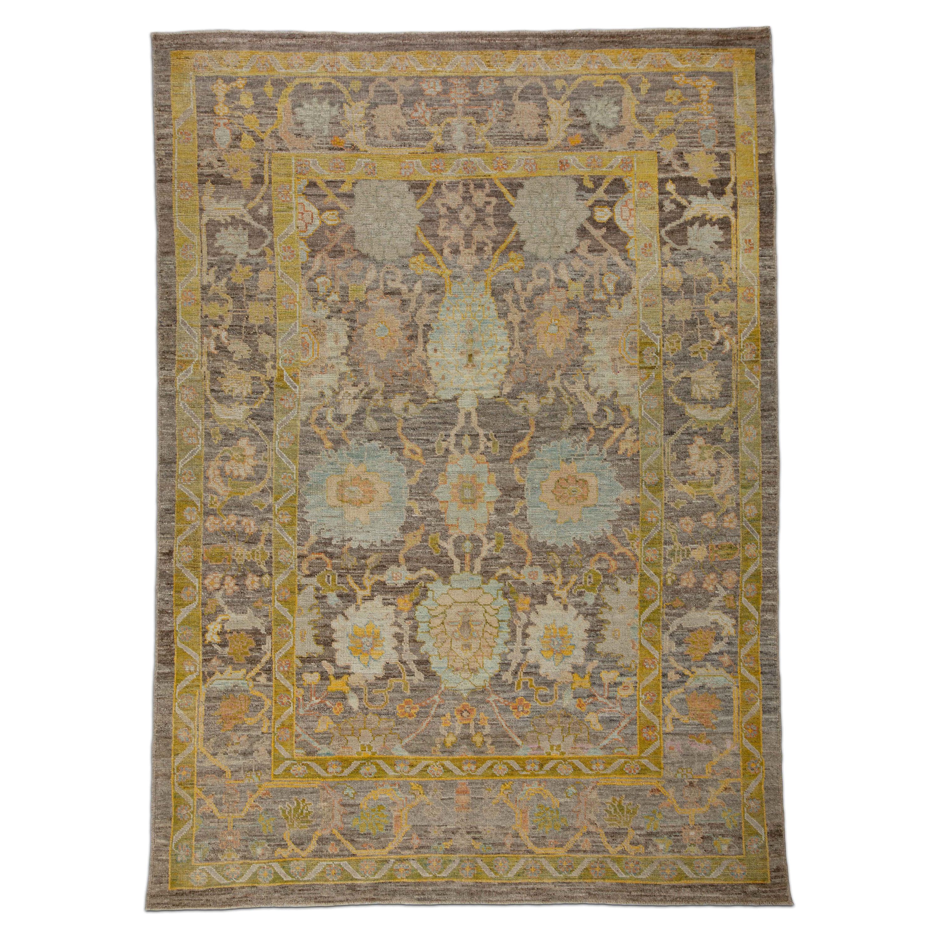 Contemporary Turkish Oushak Rug with Brown Field and Floral Details All-Over