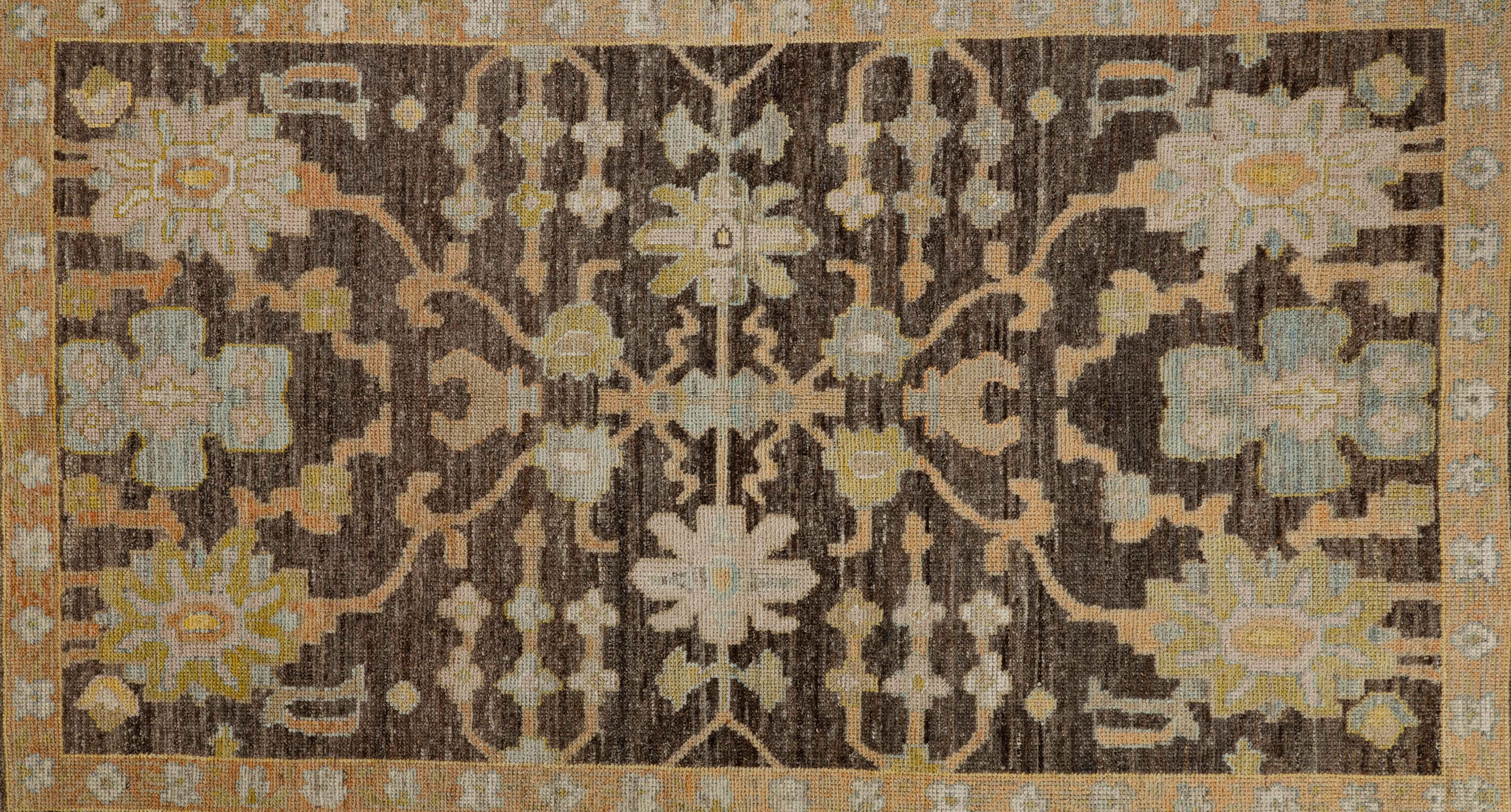 Wool Contemporary Turkish Oushak Rug with Brown Field and Flower Head Details For Sale