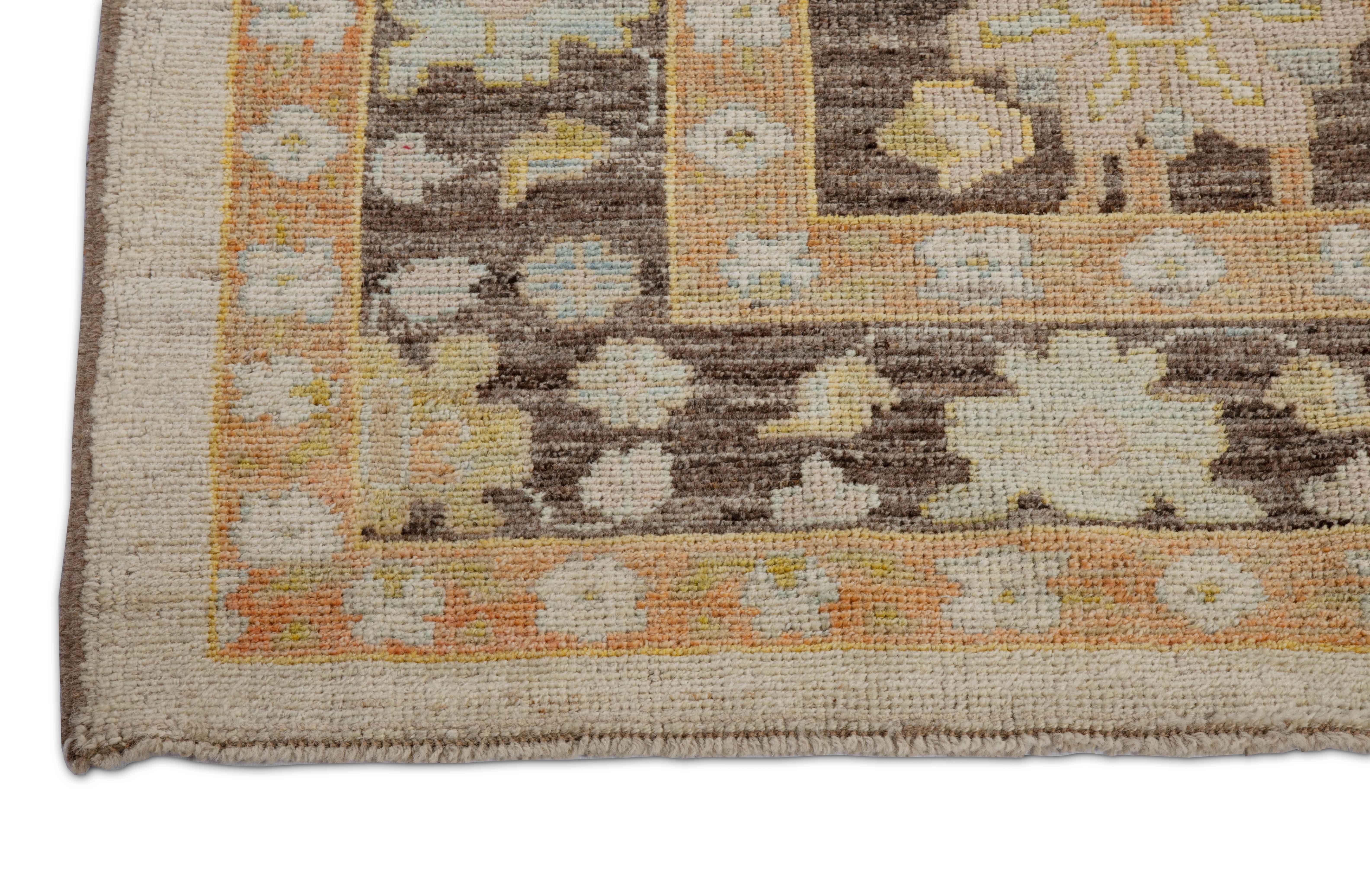 Contemporary Turkish Oushak Rug with Brown Field and Flower Head Details For Sale 2