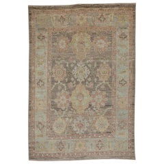 Contemporary Turkish Oushak Rug with Brown Field and Pink Floral Patterns