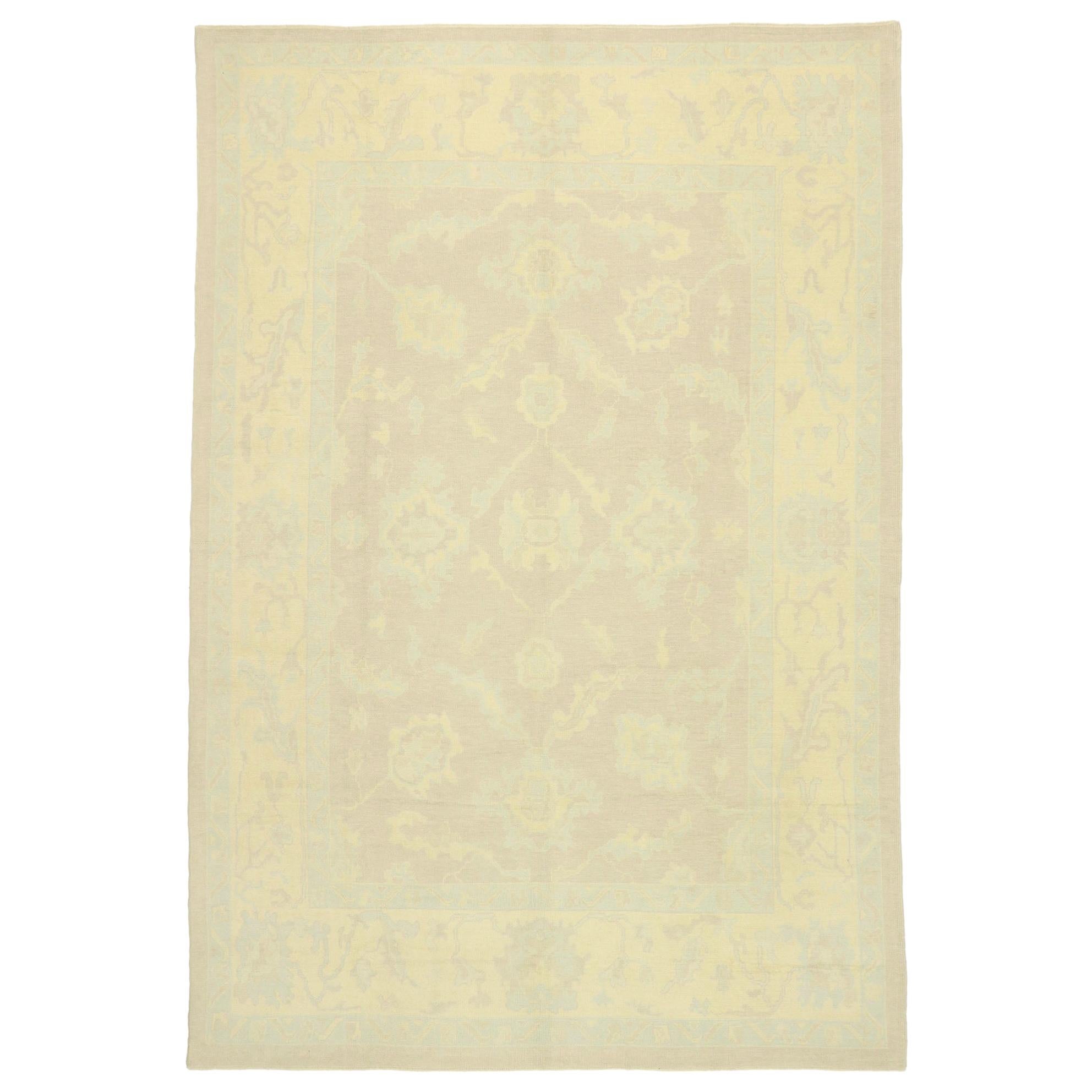 Contemporary Turkish Oushak Rug with Coastal Cottage Nantucket Style For Sale