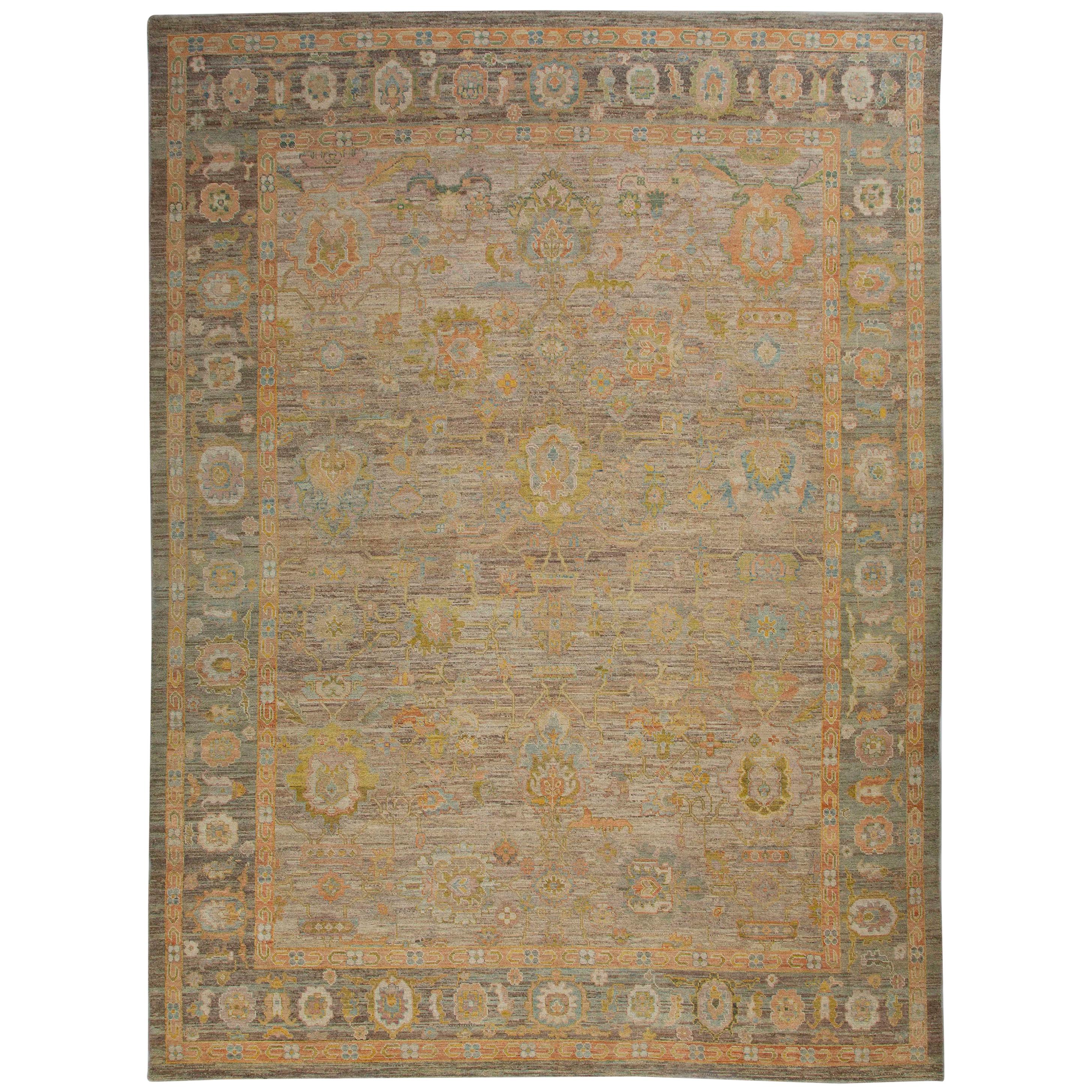 Contemporary Turkish Oushak Rug with Dense Flower Medallion Field For Sale